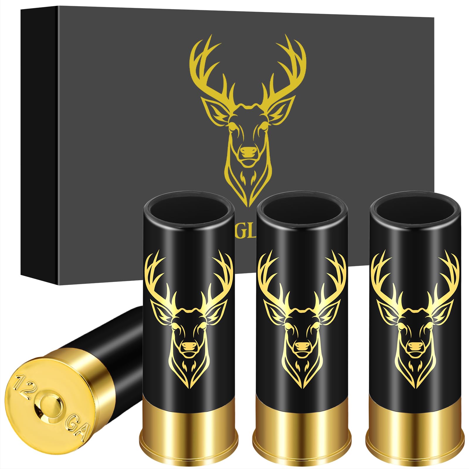 Schnapsgläser mit Hirschkopf, Grosspackung mit Geschenkbox, für Männer und Frauen, Hochzeitsfeier, Vatertag, Geschenke für Jäger, 12 GA Hirschjagd, Kleine Schnapsbecher, 45 ml, Plastik, Schwarz