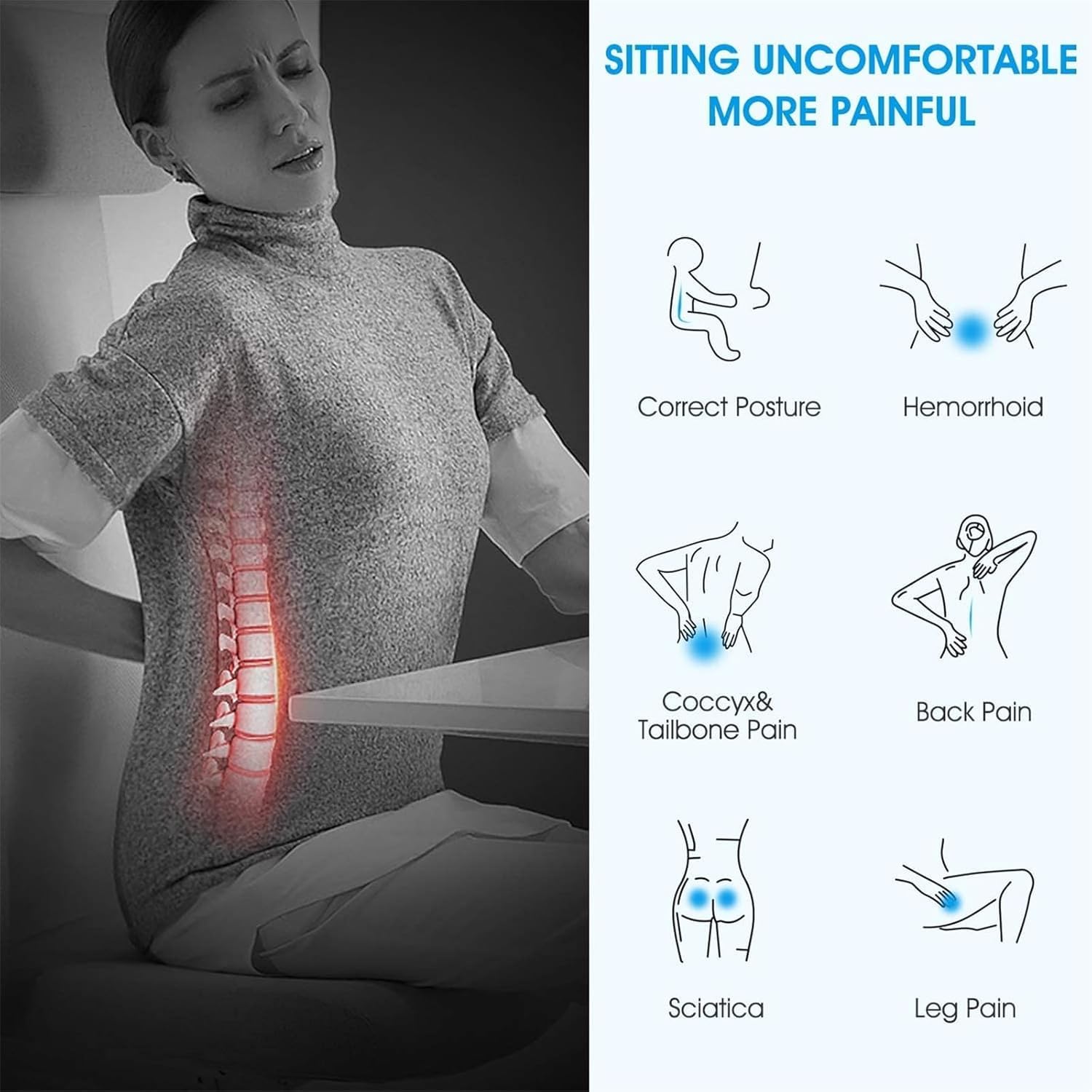 Sitzkissen, Orthopädisches Sitzkissen aus Memory Foam, Ergonomisches Sitzkissen für Bürostuhl /Autositz / Steissbeinkissen Stuhlkissen Sitzkissen Outdoor Zuhause, Schwarz