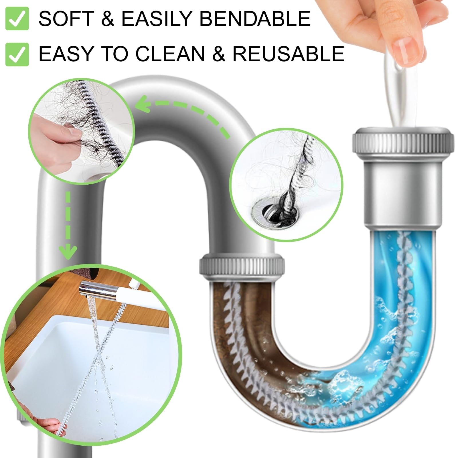 Packung mit 2 Reinigungsbürsten für Abwasserkanäle, flexibler Abflussreinigungsbürste, Rohrreiniger, Haarentfernung, Abflussreinigungspinsel für Küche, Badezimmer, langes Haar entfernen, 45 cm (Packung 2)