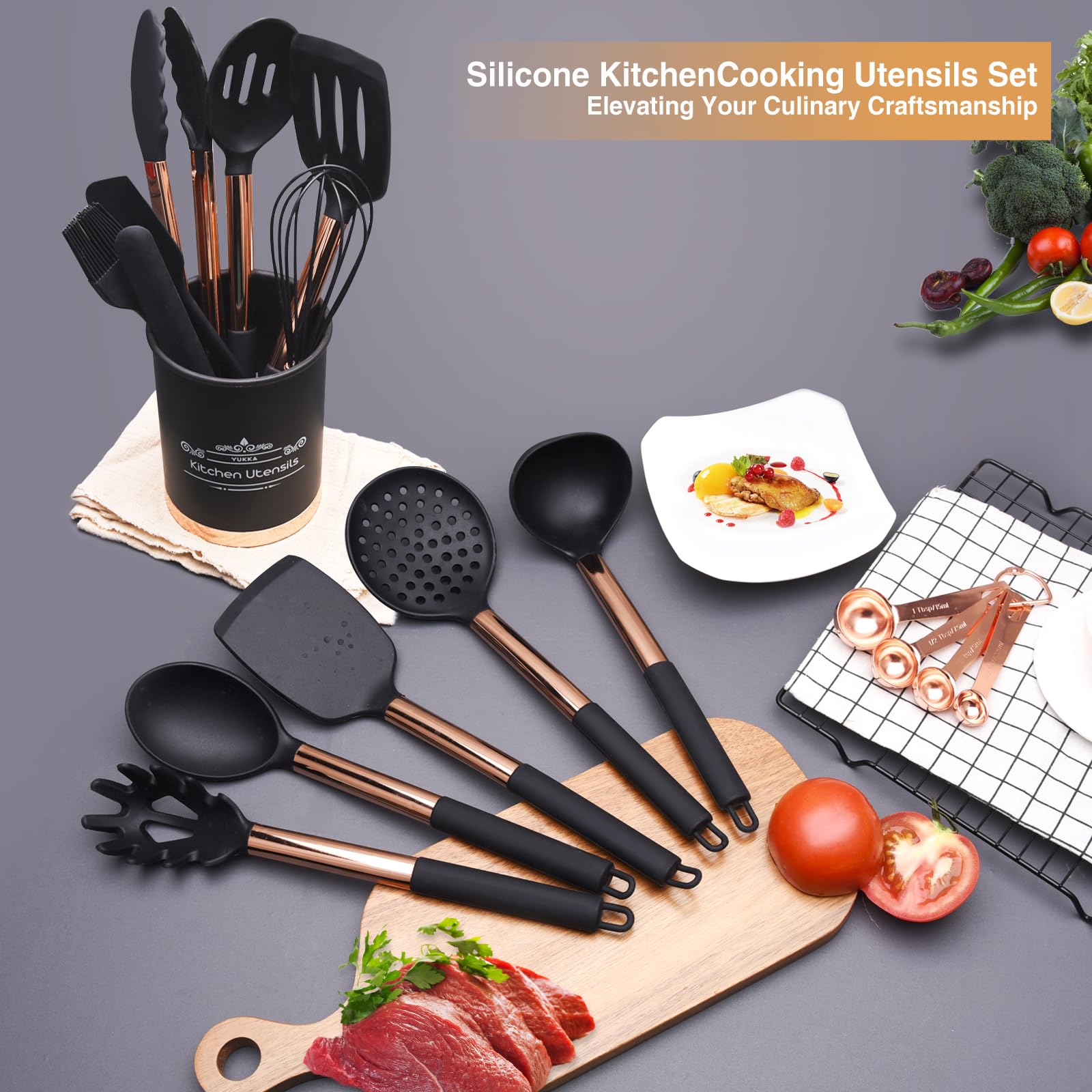 Küchenutensilien Set, 17-teiliges Rose Gold Küchenzubehör, Silikon Küchenutensilien /hitzebeständige Küchenutensilien zum Kochen