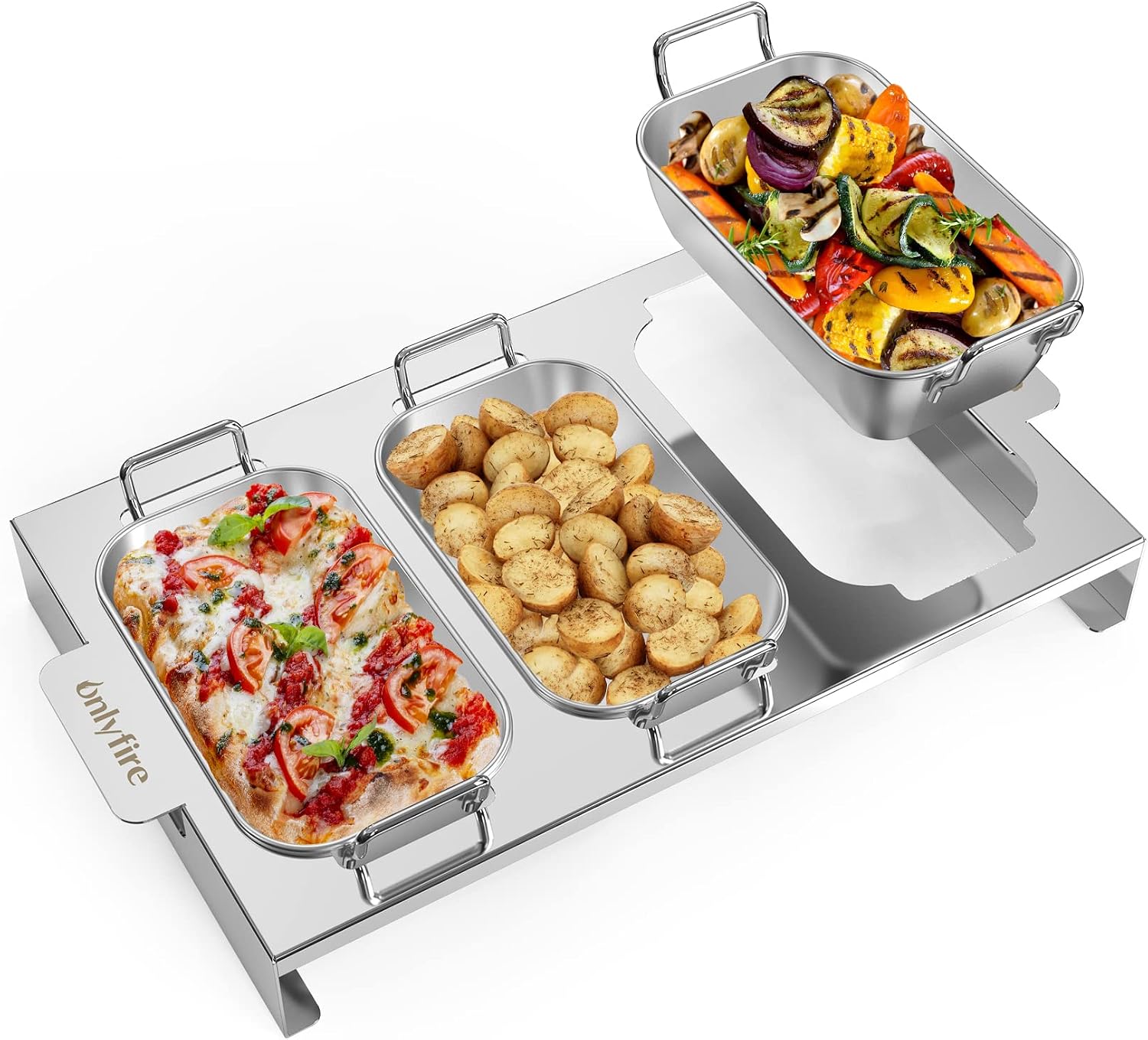 3er Set Edelstahl Grillpfännchen mit Griff & Ständer für Gasgrill | BBQ Grillschalen für Gemüse, Fleisch, Schrimps, Käse und Brot, Trennung von Speisen