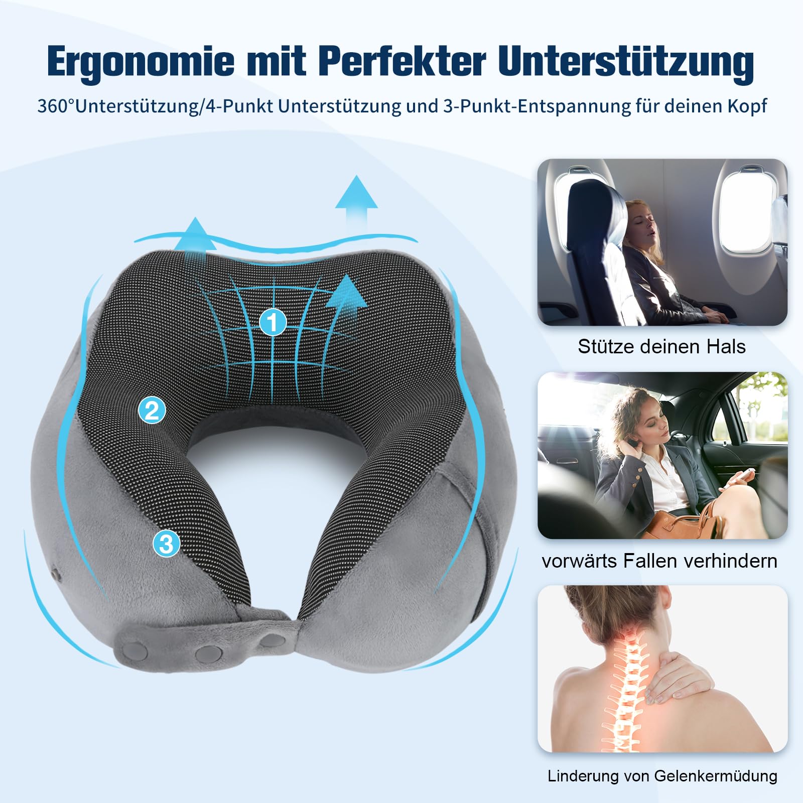 Cirorld Nackenkissen Flugzeug, Nackenhörnchen Erwachsene, Reisekissen Memory Foam, Verstellbares Kompaktes Nackenkissen Reise, Ergonomisches Weich Atmungsaktiv mit Ohrstöpseln, Augenmaske,Tragetasche