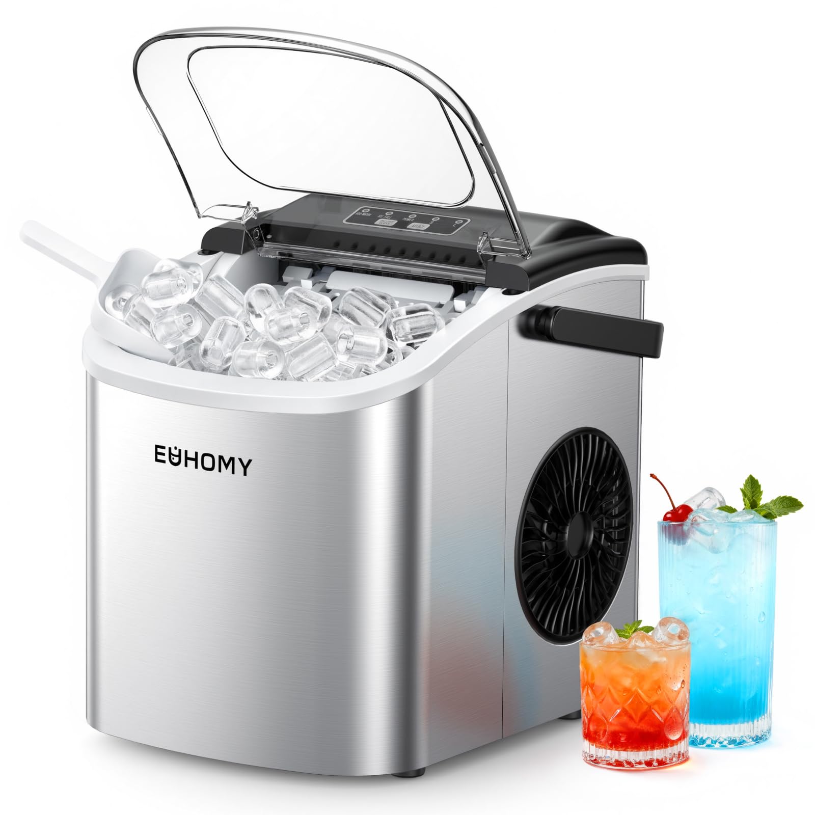 Eiswürfelmaschine Klein, 9 Eiswürfel in 6 Minuten, 12 kg/24H, Eiswürfelmaschine Edelstahl mit Tragbarem Griff, Selbstreinigender Kompakter Eiswürfelmaschinen für Zuhause/Küche/Büro/Bar