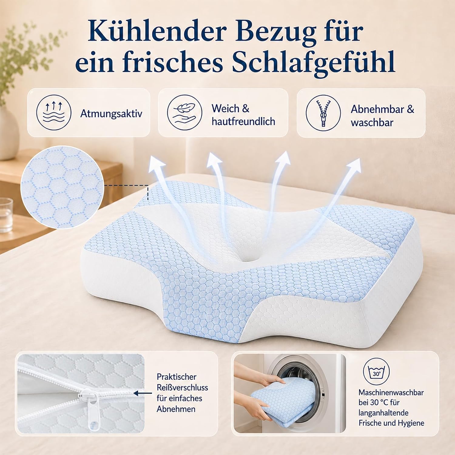 Nackenstützkissen gegen Nackenschmerzen, orthopädisches Kopfkissen, ergonomisches Memory Foam Nackenkissen mit 2 Höhen, Hohlraum & kühlendem Bezug, für Seiten- und Rückenschläfer