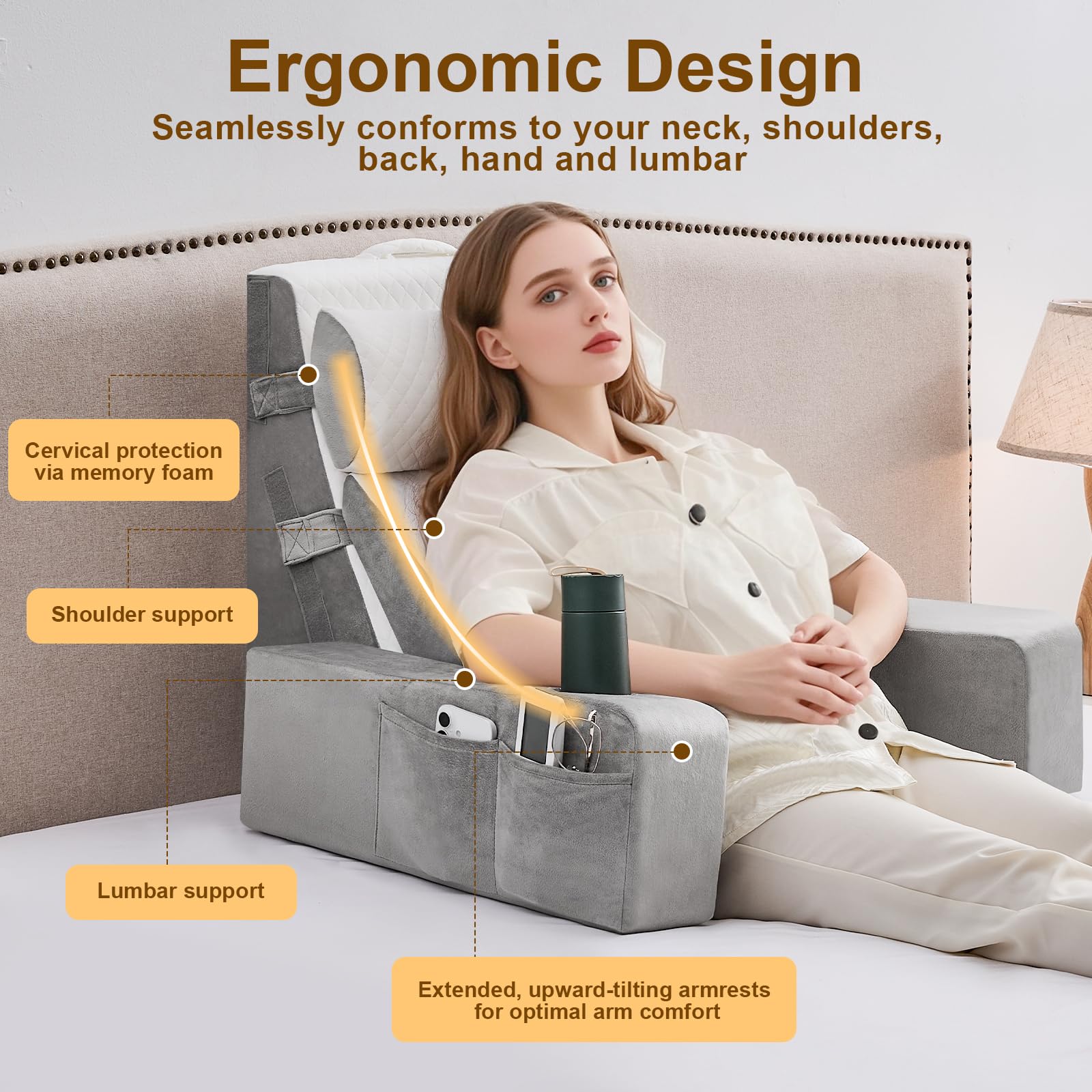 Lesekissen für Bett und Sofa,Bücherkissen mit Abnehmbarer Nackenrolle & Armlehne,Rückenkissen Bett, Wandkissen Multifunktions-Keilkissen zum Lesen, Arbeiten,Bed Wedge Pillow