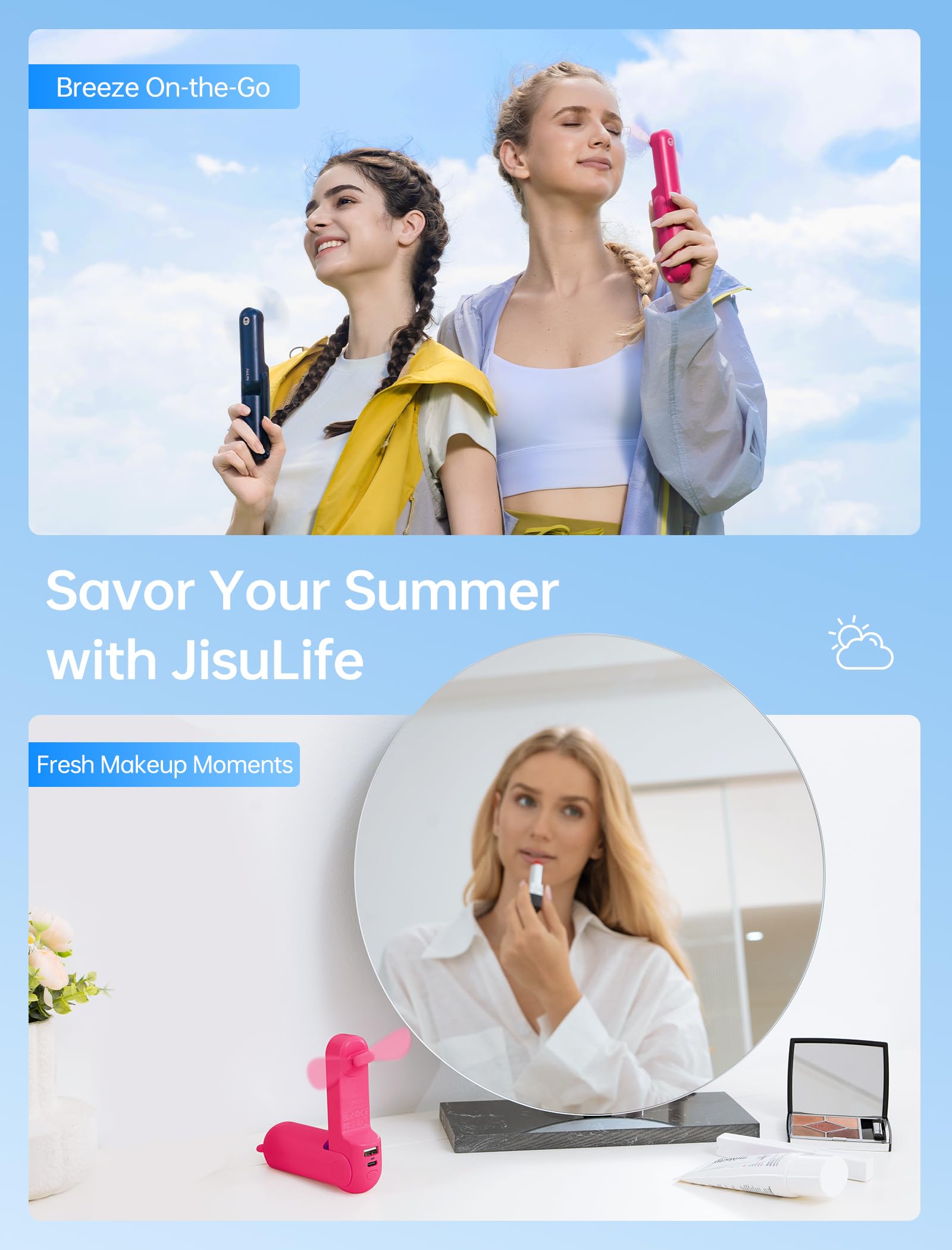Mini Handventilator, 3-in-1 Handventilator, wiederaufladbarer USB /12–19 Betriebsstunden - mit Powerbank, Taschenlampe, tragbarer Ventilator für Reisen/Sommer, Geschenke für Frauen-Rosa