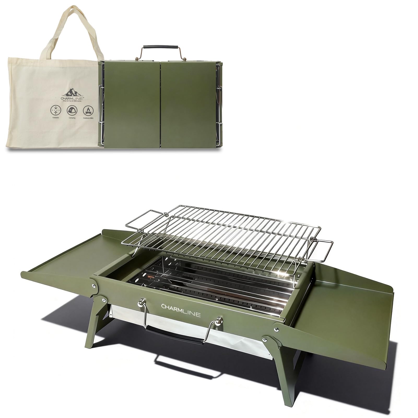 Tragbarer Holzkohlegrill, Klappbarer Campinggrill 35 x 23 cm für 1–3 Personen, Mini BBQ Grill für Balkon, Garten, Camping, Picknick und Strand