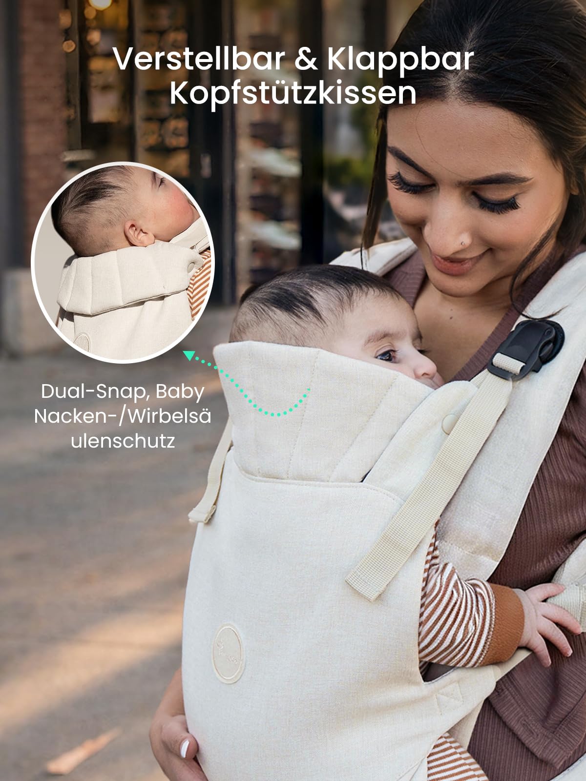 Babytrage, Ein-Klick-Schnalle für Einfaches Anlegen, Bequemer Träger von Neugeborenem bis Kleinkind mit Kopfstütze (3-20kg, 3-24Monate), Ergonomisch & Leicht