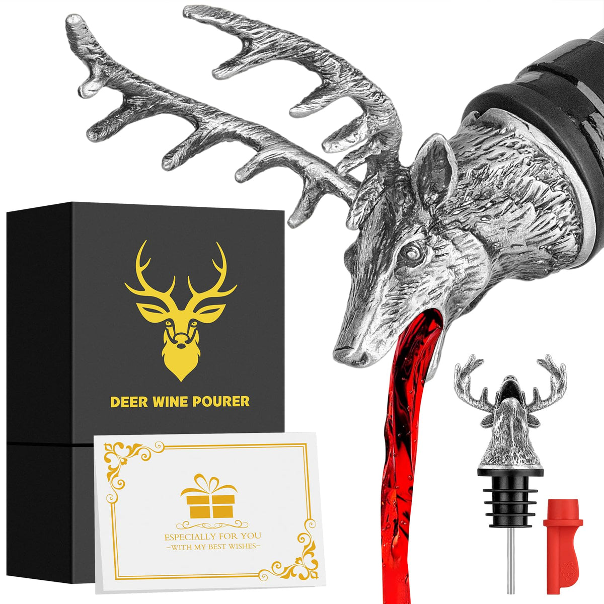 Hirschkopf 2-in-1 Weinflaschenausgießer und Stopper mit Geschenkbox Männer Frauen Jagdgeschenke für Jäger Likörflasche Ausgießer Alkohol Spirituosen Hirsch Wein Geschenke Saver