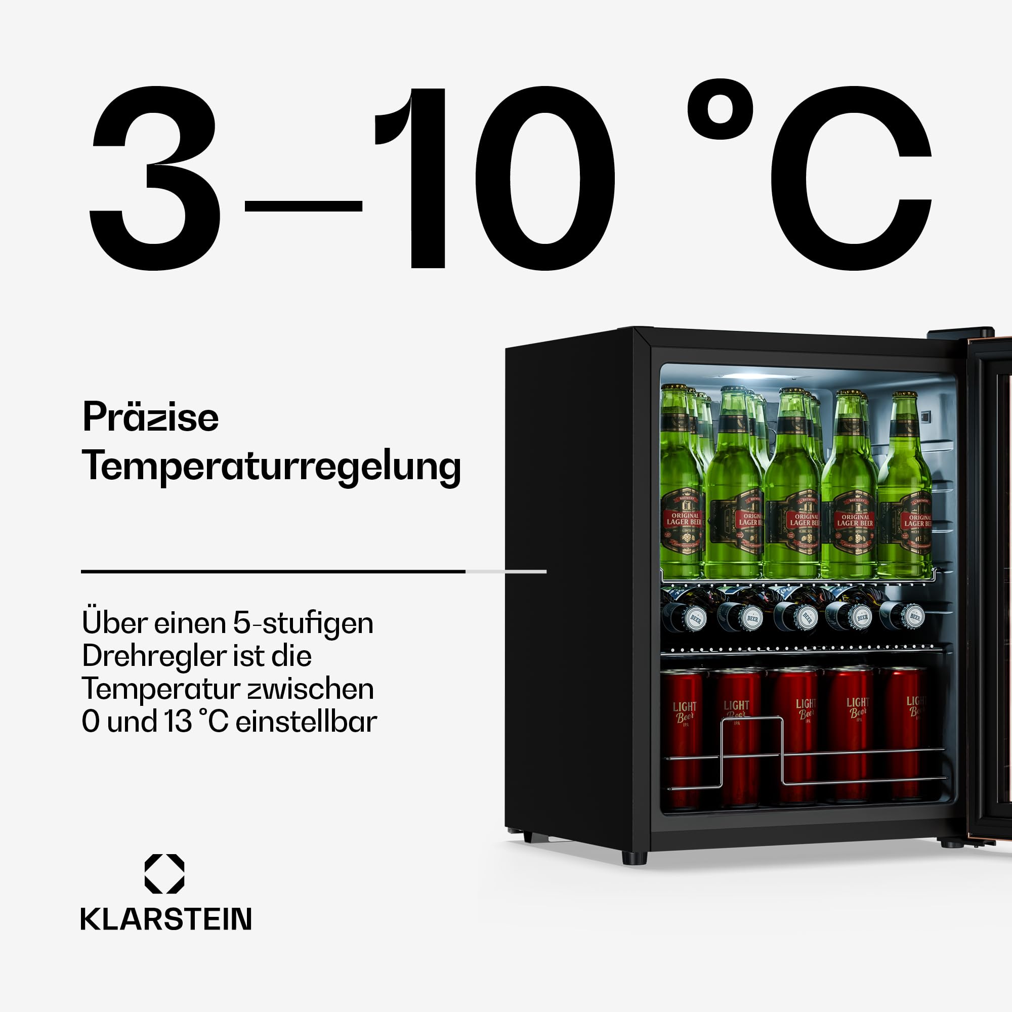 Beersafe Getränkekühlschrank 60 L – Mini Kühlschrank mit Glastür, Kupfer | LED-Beleuchtung, herausnehmbare Metallablagen, leise, Flaschenkühlschrank für Getränke & Dosen
