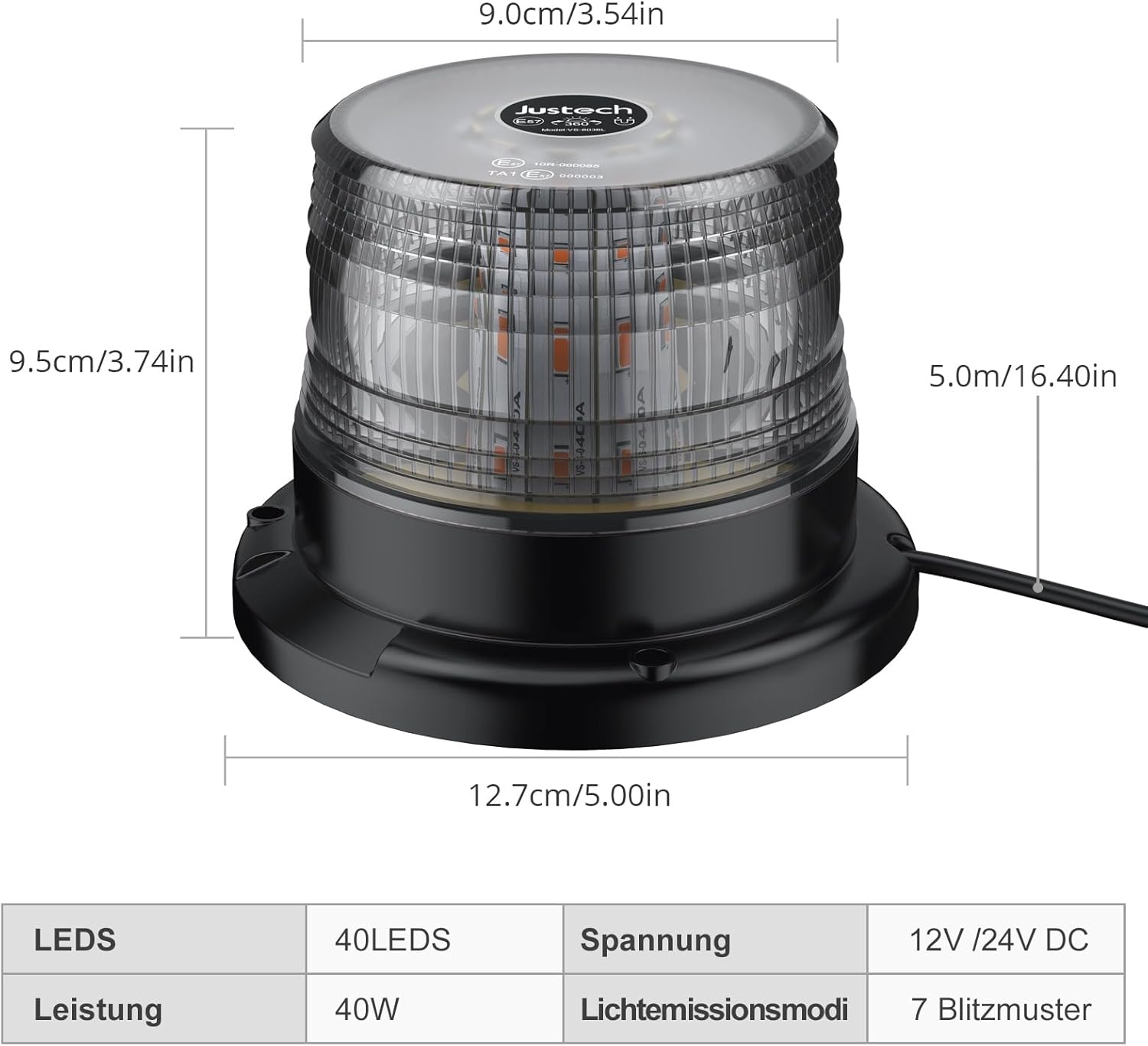 Warnleuchte Rundumleuchte 360° Gelb Blitzleuchte 7 modus mit 5m Netzkabel Doppelter Schraube 12V / 24V Warnlicht mit Magnetfuß Notfallblinklampe Magnet Transparent für Auto LKW usw