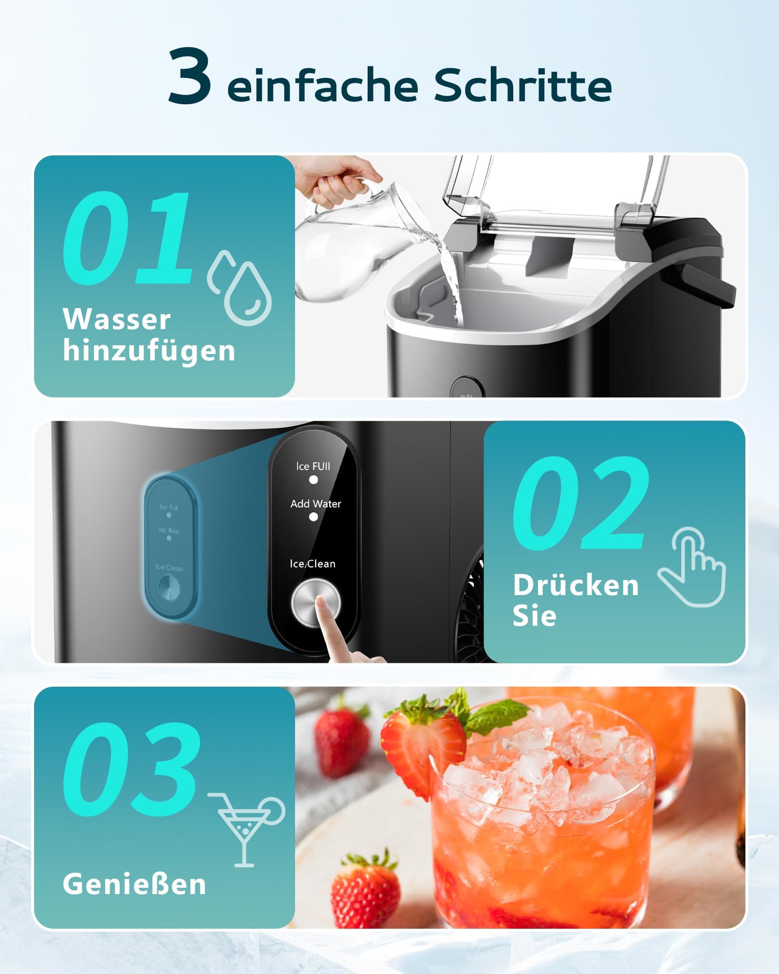 Eiswürfelmaschine Klein, 9 Eiswürfel in 6 Minuten, 12 kg/24H, Eiswürfelmaschine Edelstahl mit Tragbarem Griff, Selbstreinigender Kompakter Eiswürfelmaschinen für Zuhause/Küche/Büro/Bar