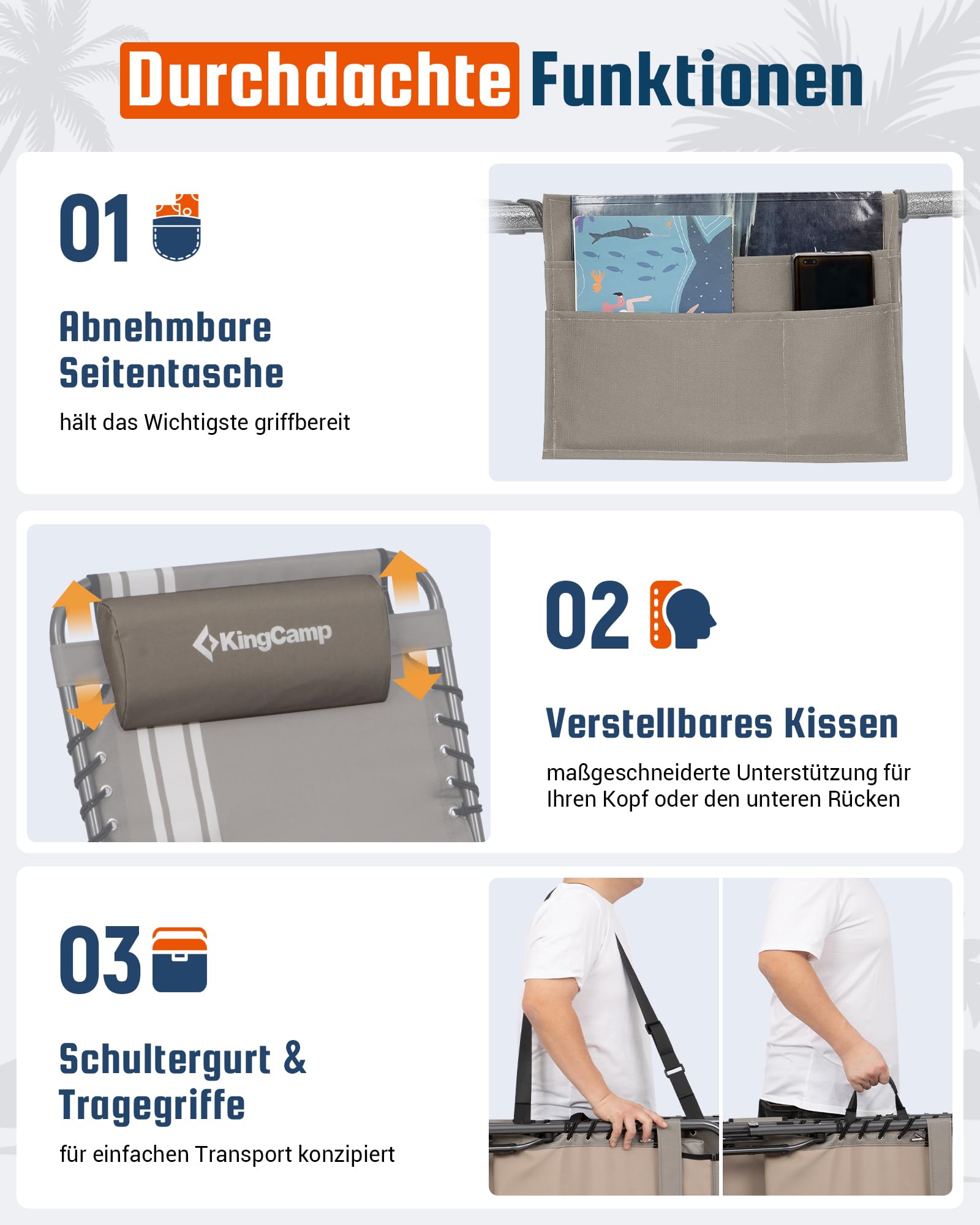 Sonnenliege Klappbar 5-Verstellbare, bis 180 kg, 2er Set, Blau | Gartenliege Klappbar, mit Kopfstütze & Seitentasche, Sonnenliege Wetterfest, Strandliege für Garten Terrasse Pool Camping