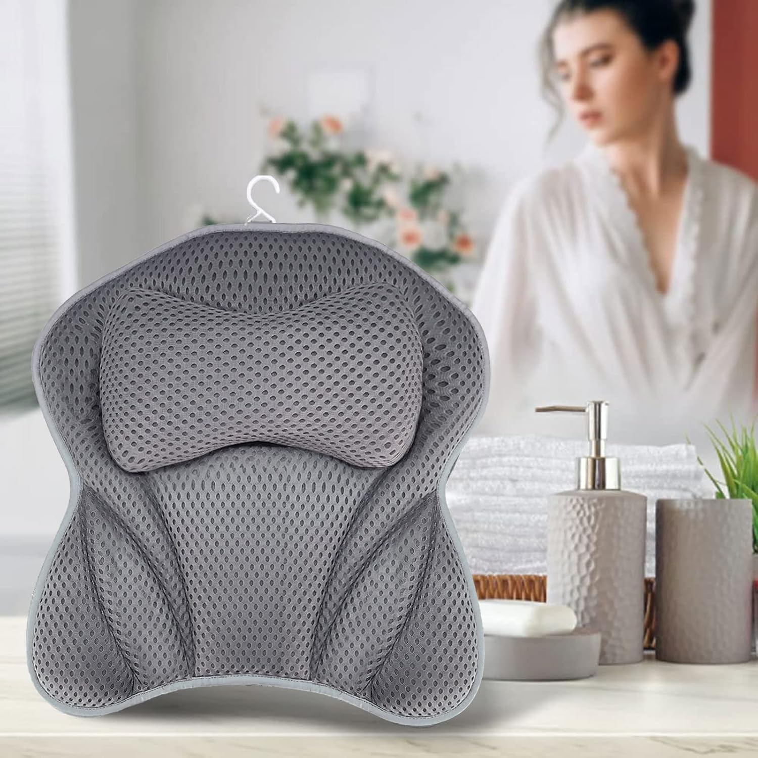 Badekissen, Halskissen für Badewanne, 4D Mesh Halskissen, Badekissen, Komfortbadkissen mit 6 Saugnäpfen für Home Spa und Badewannen, Stützen Kopf, Hals, Schultern, Rücken