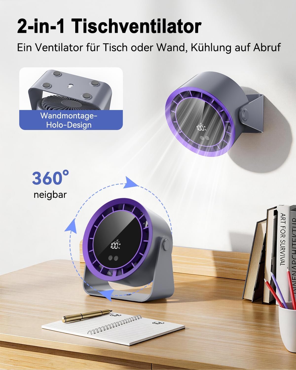 Leiser Turbo Tischventilator mit Digitalem LED-Display, 100-stufig einstellbar & 360° neigbar - 3600mAh USB-wiederaufladbar - Ideal für Büro, Schlafzimmer, Zuhause & Outdoor