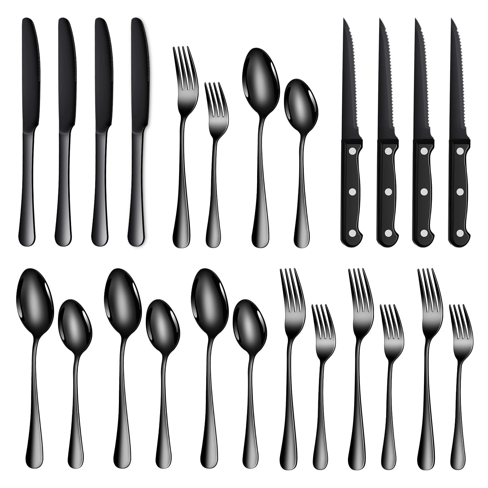 Besteck Set Schwarz für 8 Personen, 48-teiliges Edelstahlbesteckset mit Steakmesser, elegantes Besteck mit Messer, Gabel, Löffel, Besteck für Küche/Restaurant