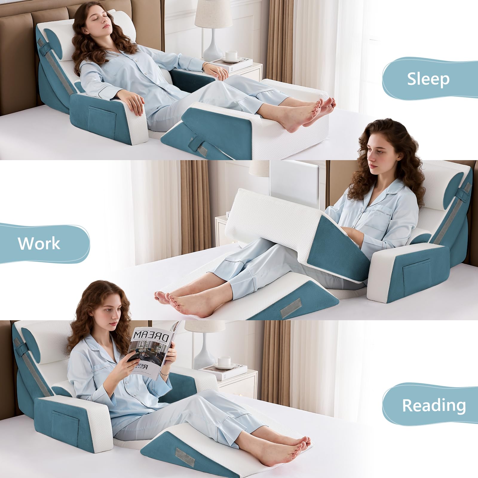 Orthopädische Bett Keil Kissen Set,Post Chirurgie Schaum Kissen für Körper, Rücken und Beine Schmerzlinderung,Justierbare Stützkissen mit Säure Reflux Bed Wedge Memory Foam Hellgrau