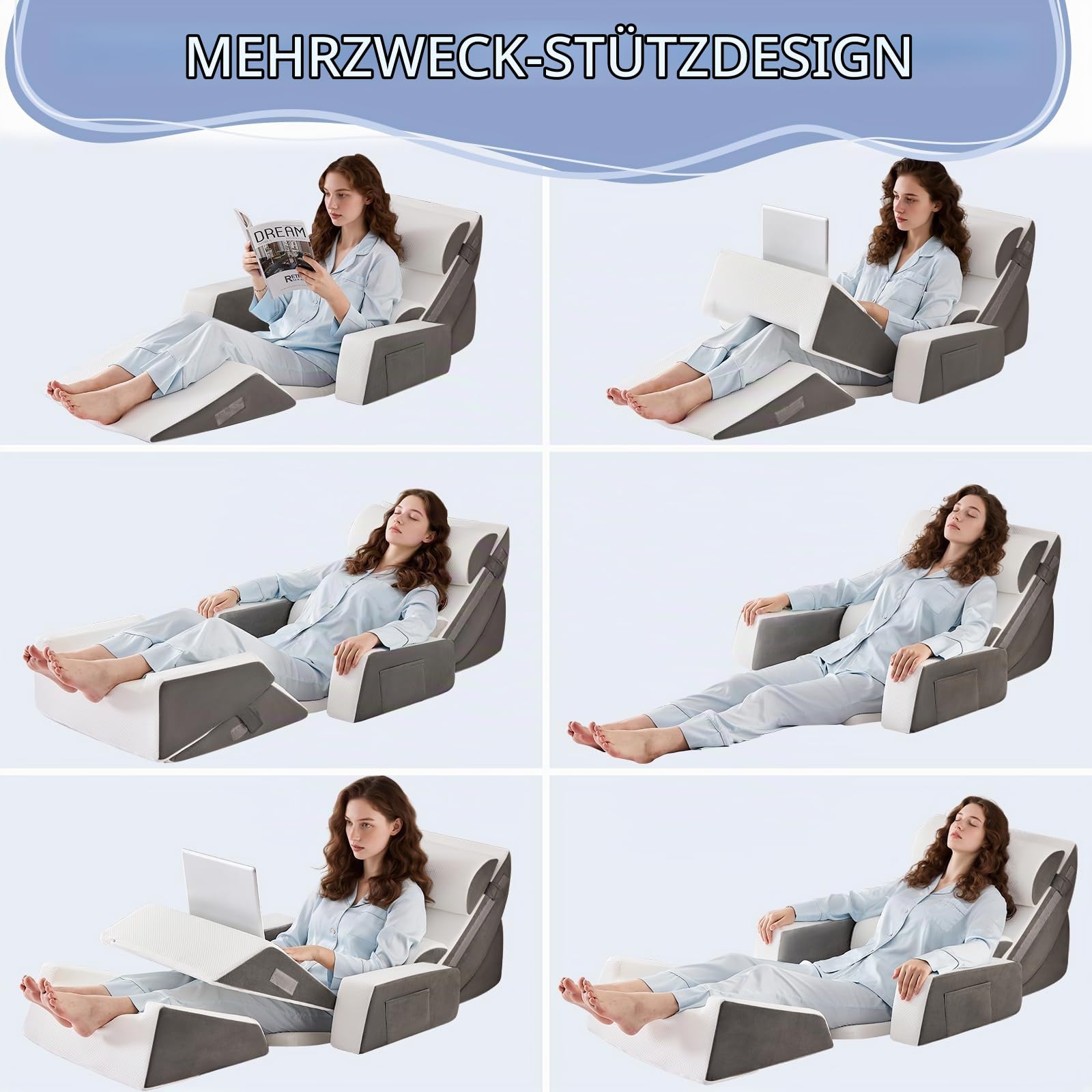9PCS Orthopädische Bett Keil Kissen Set,Post Chirurgie Schaum Kissen für Körper, Rücken und Beine Schmerzlinderung,Justierbare Stützkissen mit Säure Reflux Bed Wedge Memory Foam Durchgehend dunkelgrau