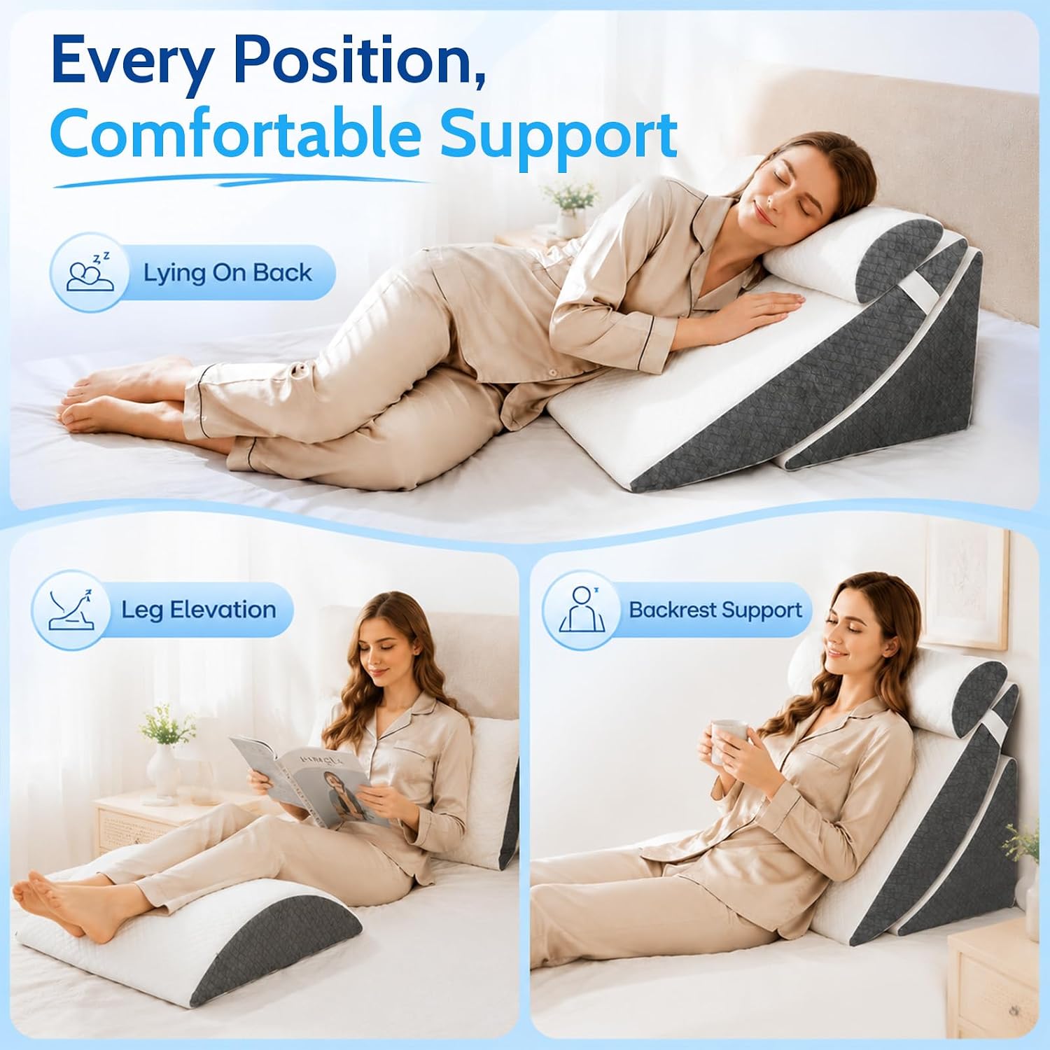 5PCS Orthopädische Bett Keil Kissen Set für das Schlafen, Multifunktionales Bett Keilkissen, Dreieck justierbare Stützkissen, Post Chirurgie Schaum Kissen für Reflux Rückenschmerzen Schnarchlinderung