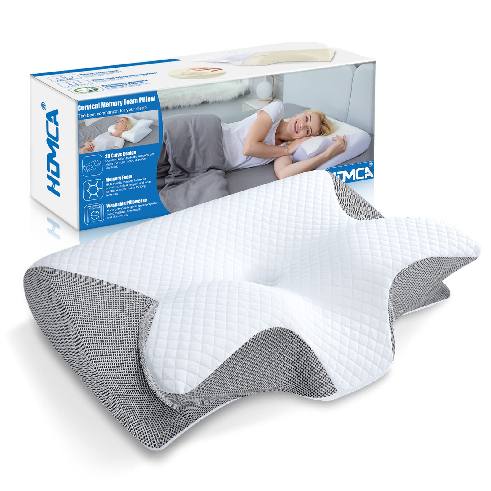 2 in 1 Ergonomisches Nackenkissen OrthopĂ€disches Kopfkissen Memory Foam Kissen fĂŒr RĂŒcken-, Seiten- und BauchschlĂ€fer, 60x40x12/14cm