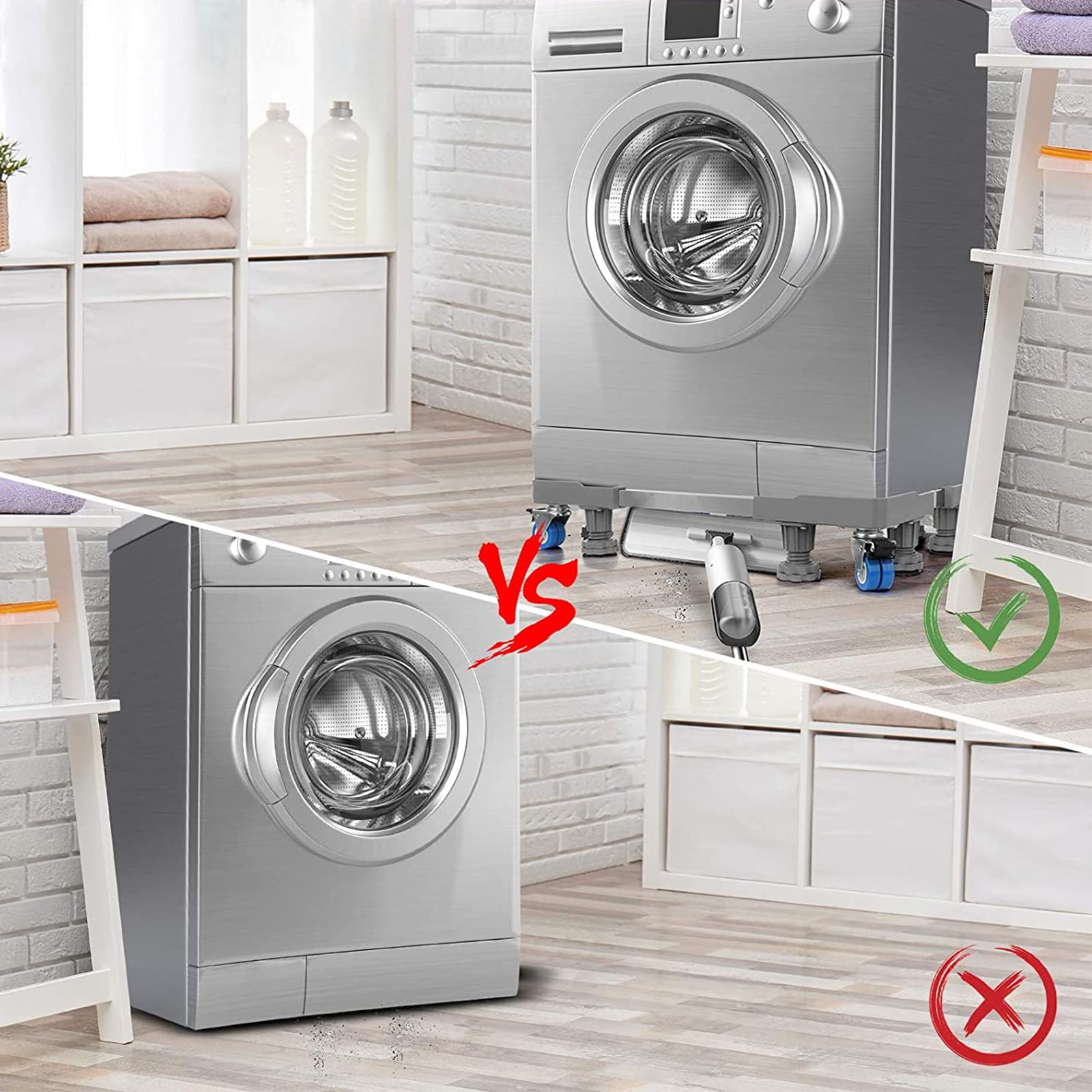 Waschmaschinen Untergestell mit 4 Füßen für Waschwaschine,Kühlschrank und Trockner,Verstellbare Waschmaschinensockel mit Rutschfester Stoßdämpfungsfunktion,(Einstellbare:42-65cm) | Verstellbare Breite 42-65cm Waschmaschinensockel mit Rutschfester St