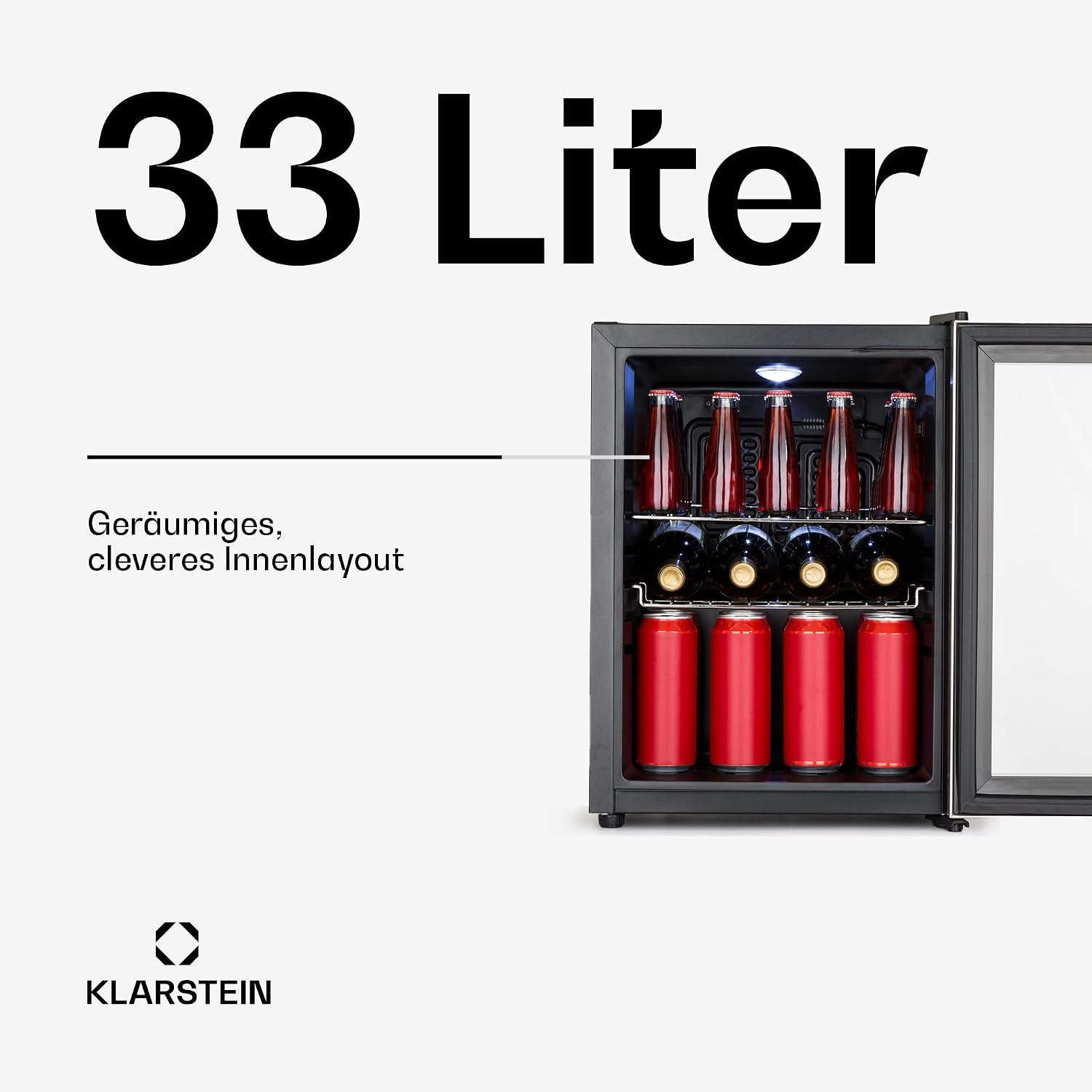 Getränkekühlschrank 33 L – Mini Kühlschrank mit Glastür, Silber-Schwarz | LED-Beleuchtung, herausnehmbare Metallablagen, leise, Flaschenkühlschrank für Getränke & Dosen