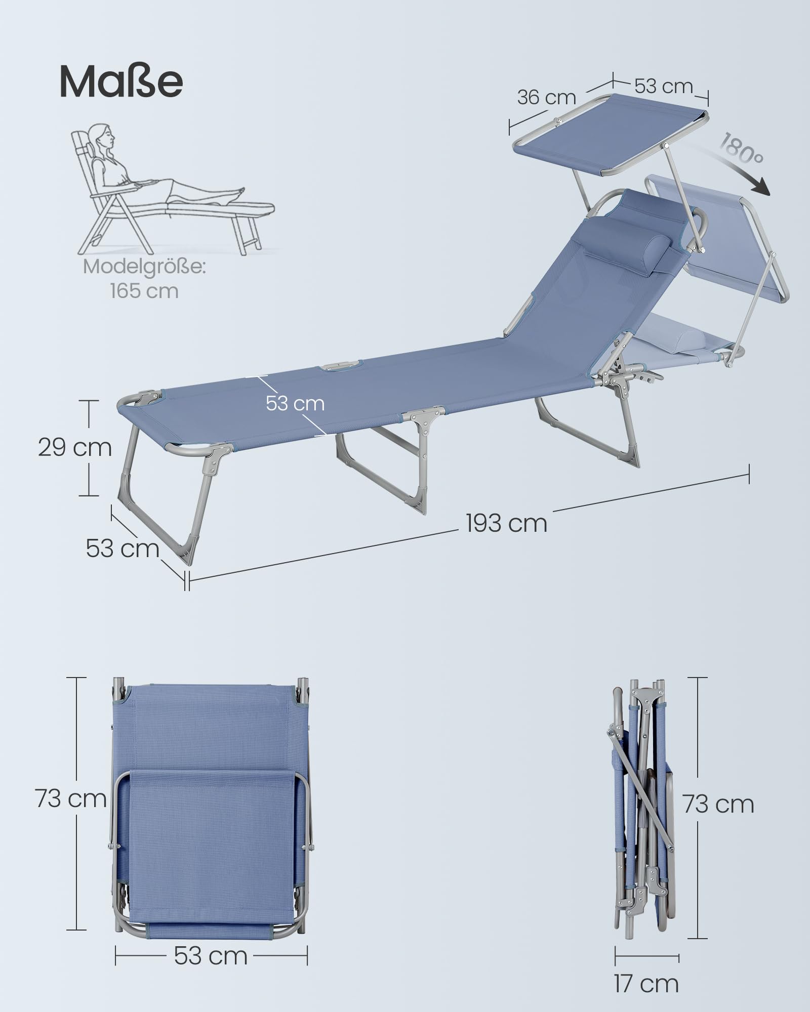 Sonnenliege, klappbarer Liegestuhl, 193 x 53 x 29 cm, trägt bis zu 150 kg, Sonnenschutz, Kopfkissen, verstellbare Rückenlehne, für Garten, Pool, Terrasse