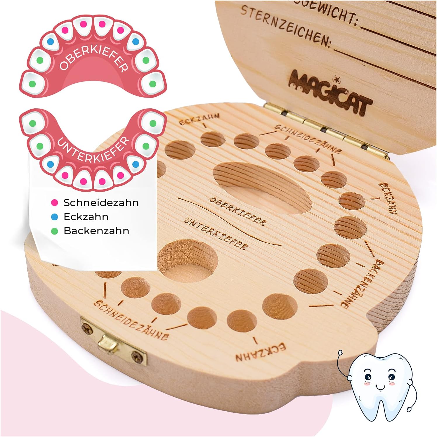 Milchzahndose Mädchen, Zahndose aus Holz, Dose zur Aufbewahrung von Milchzähnen, Baby Milchzähne Box als Geschenk zum Geburtstag oder Taufe, inkl. Pinzette und Zahnfee Geschichte