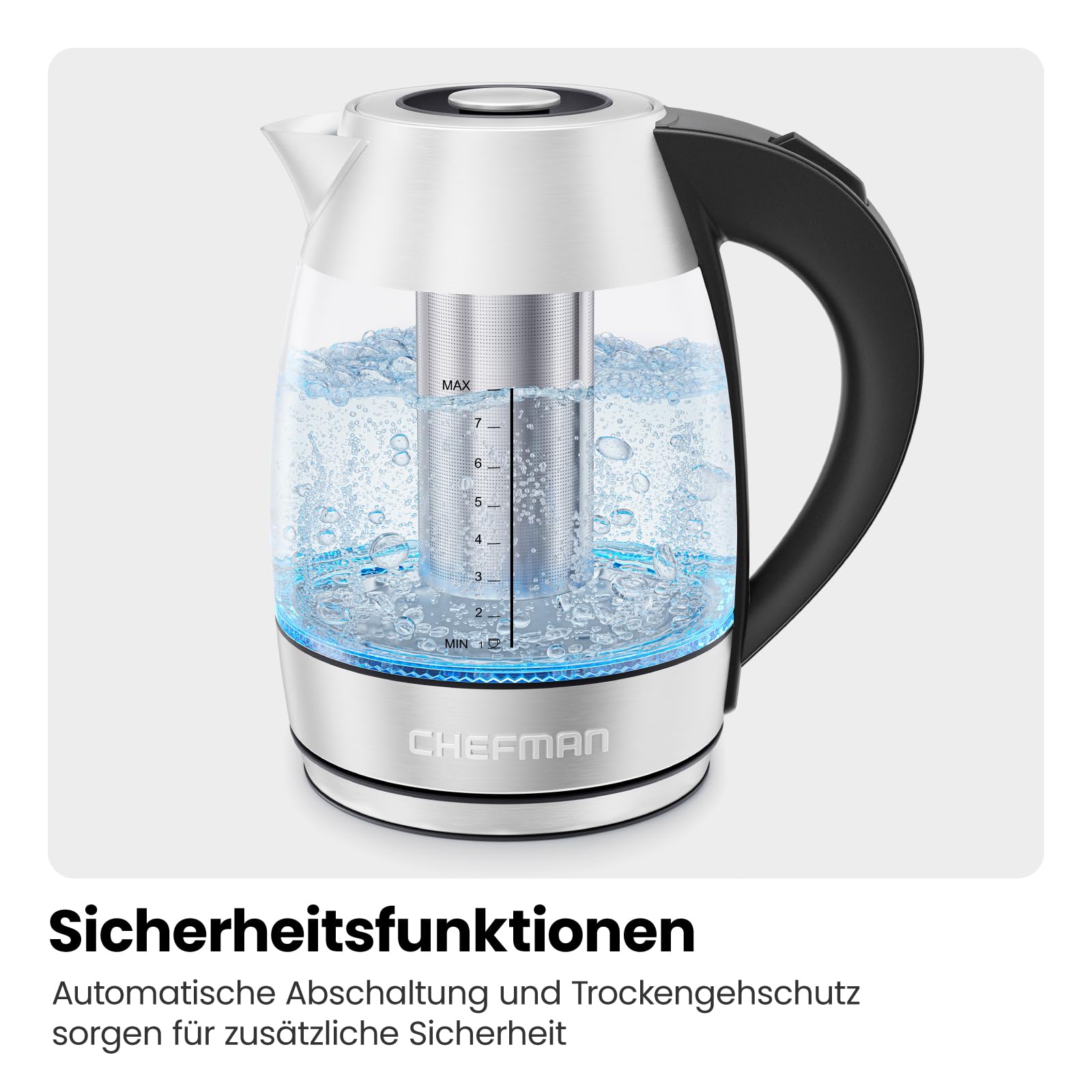 Elektrischer Wasserkocher Glas mit Teesieb, 1.8 Liter, LED-Anzeige / BPA-Frei, 2200 Watt, Edelstahl