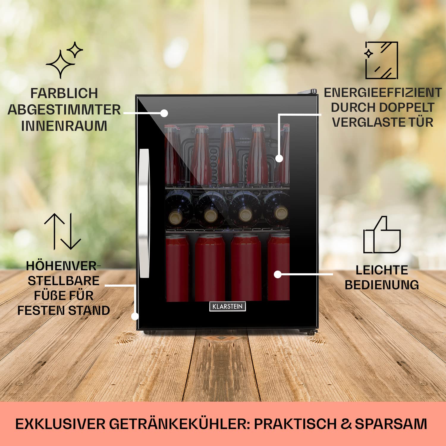 Getränkekühlschrank 33 L – Mini Kühlschrank mit Glastür, Silber-Schwarz | LED-Beleuchtung, herausnehmbare Metallablagen, leise, Flaschenkühlschrank für Getränke & Dosen