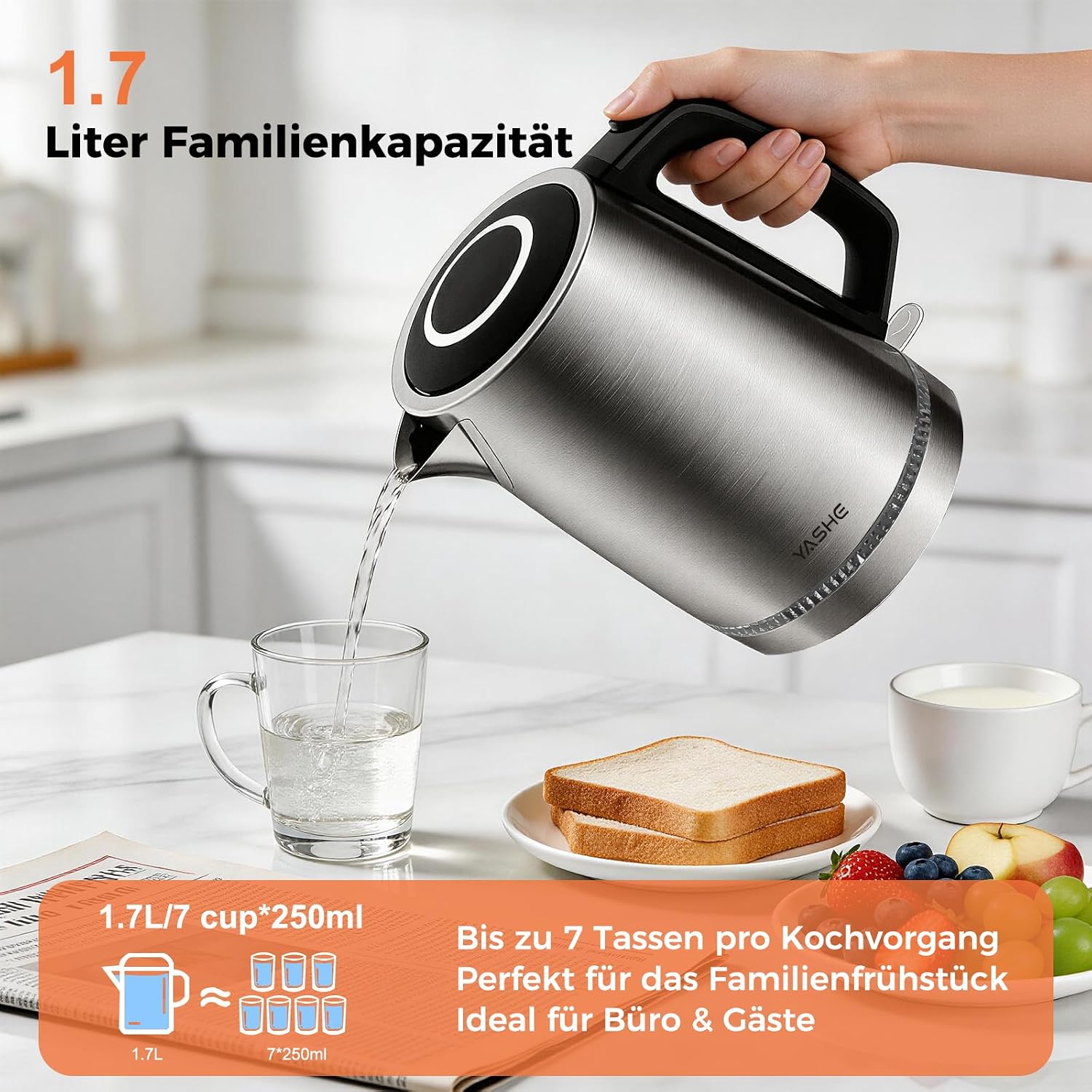 Wasserkocher mit Temperatureinstellung 1,7L 2200W Glas | 5 Temperaturstufen, 5 Farben LED, 30 Min Warmhaltefunktion, Kabellos, Kalkfilter, Abschaltautomatik