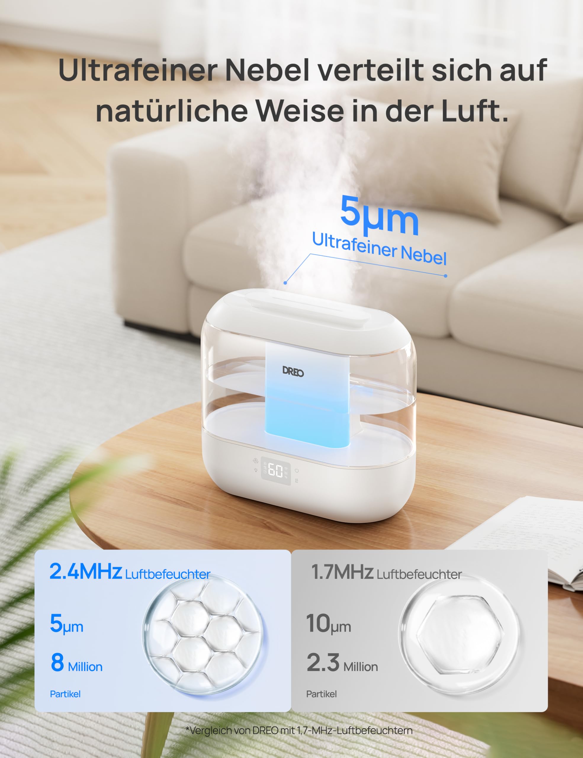 Smart Luftbefeuchter für Schlafzimmer, oben befüllbarer 4L Supergroßer Kühler Nebel Humidifier mit Öl Diffusor und Nachtlicht, 36 Stunden Laufzeit, leiser Ultraschall Luftbefeuchter Zuhause
