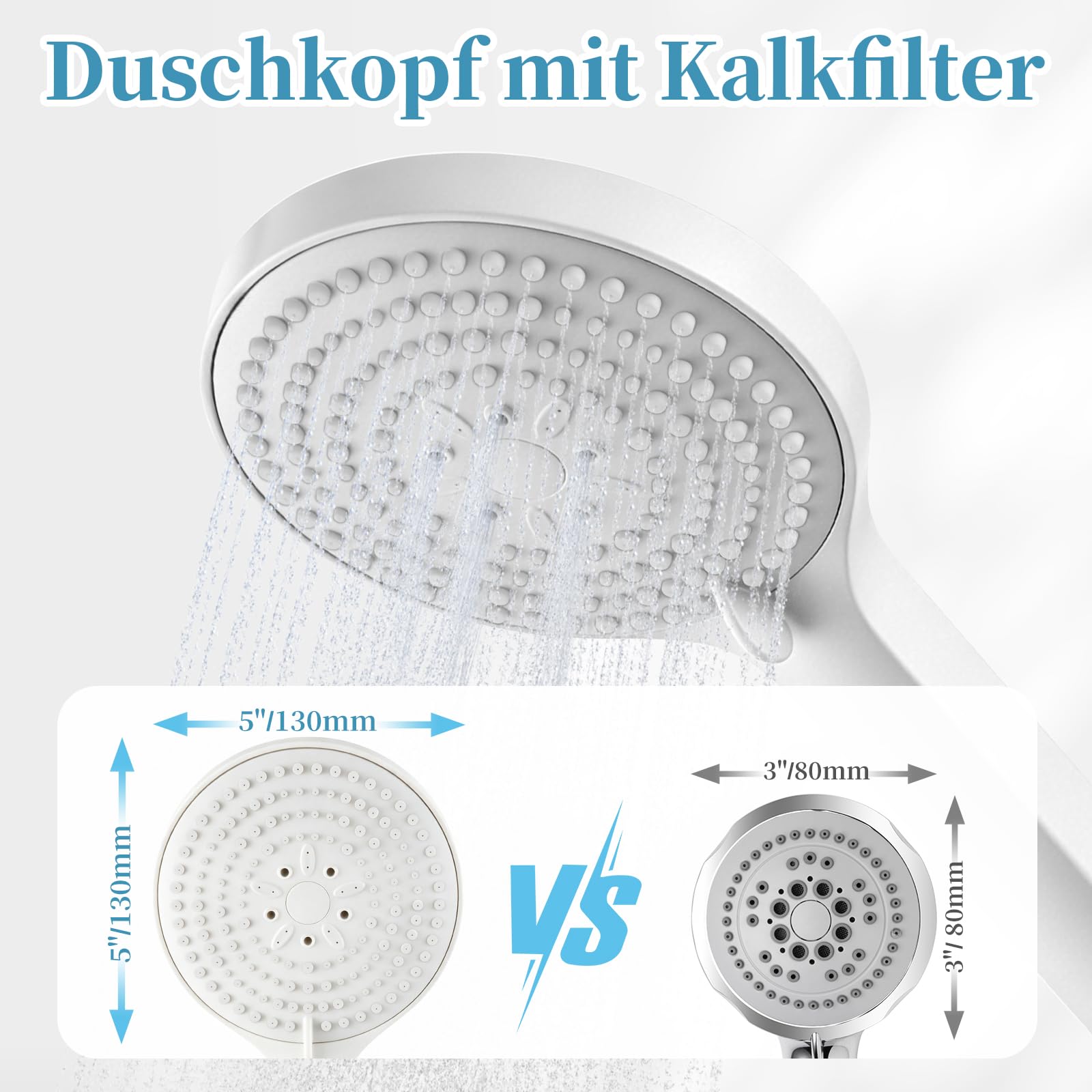 Duschkopf Groß xxl mit 6 Strahlarten, Duschbrause für Duschkopf Wassersparend, Chrom