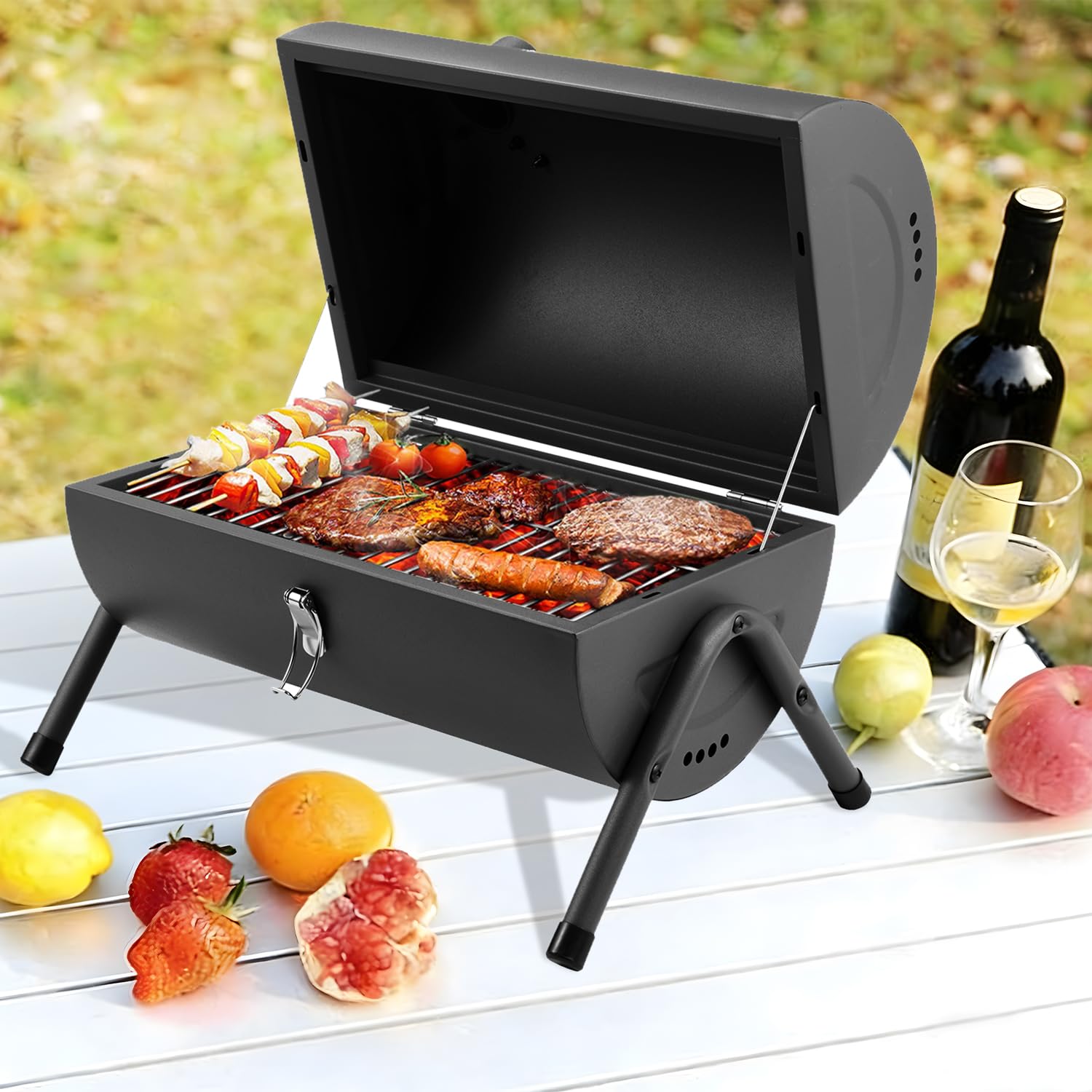Holzkohlegrill Klein Campinggrill Kleiner Grill Camping Grill Holzkohle Mini Tragbarer Klappgrill Holzkohle für Outdoor Kochen, Picknick, Ideal für Strand, Wohnwagen, Garten, Party Barrel Schwarz