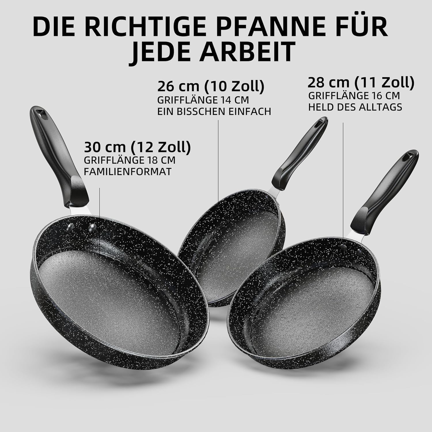 3-teiliges Bratpfannenset, 26 cm + 28 cm + 30 cm Bratpfanne, 3-teiliges Set zum Kochen, professionelle Bratpfannen mit nicht klebriger Beschichtung und kühler Griff, PFAS-frei, spülmaschinenfest (XM5)