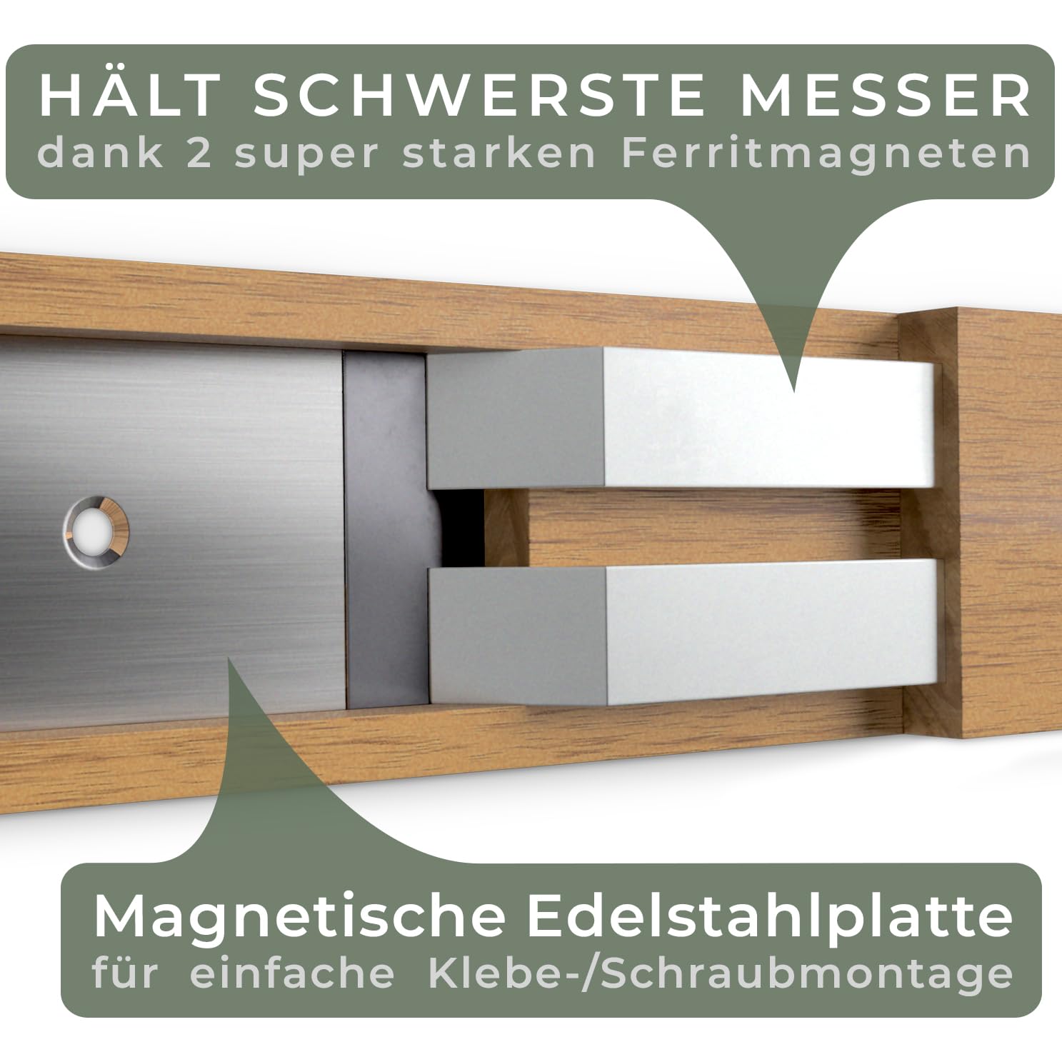 Magnetische Messerstreifen (40 x 5 cm) - Magnetstreifen aus elegantem Akazienholz - Magnetische Messerhalter für schwere Messer - Magnetische Messerstreifen zum Kleben oder Schrauben - Magnetische Messerhalterung