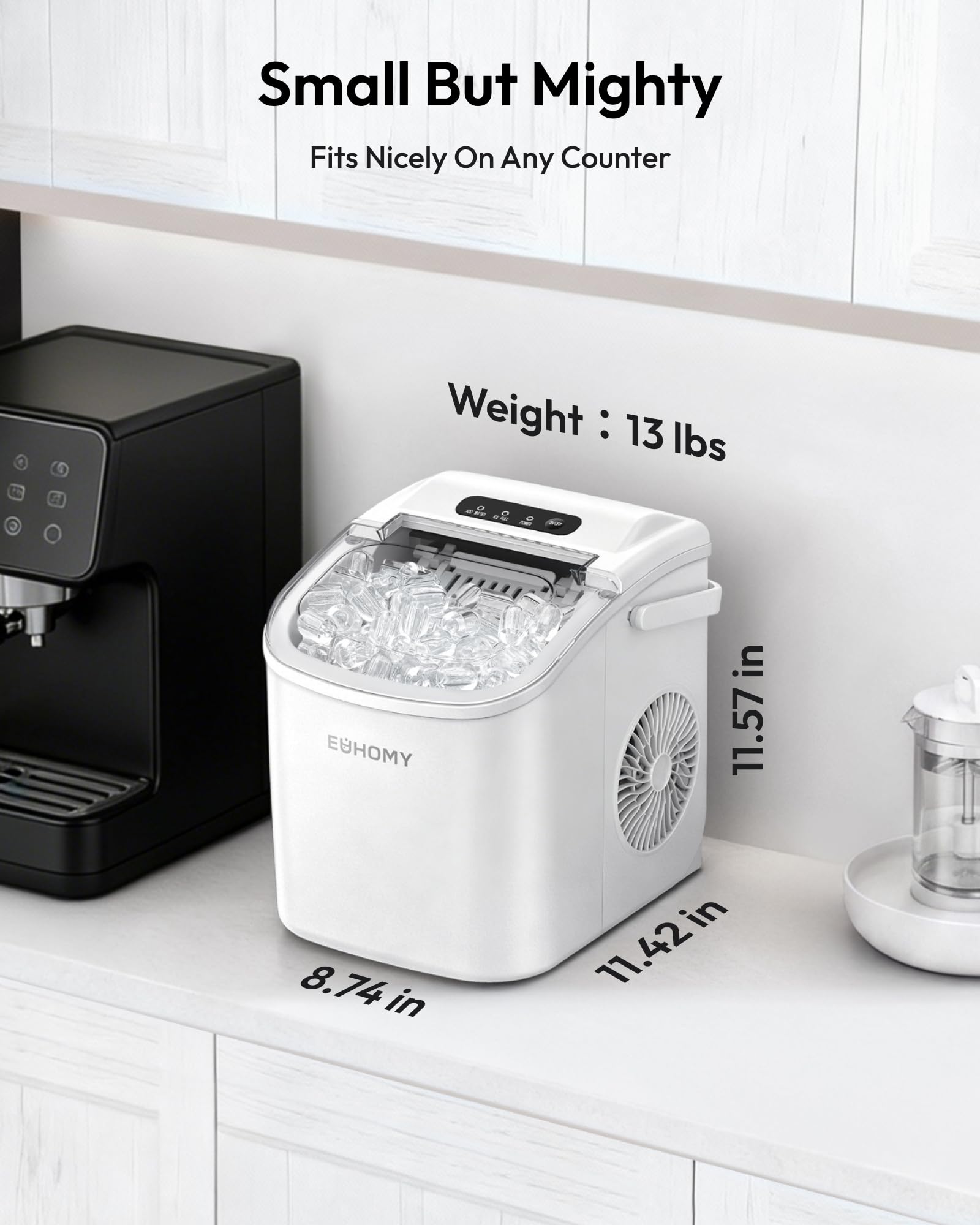 Eiswürfelmaschine Klein, 9 Eiswürfel in 6 Minuten, 12 kg/24H, Eiswürfelmaschine Edelstahl mit Tragbarem Griff, Selbstreinigender Kompakter Eiswürfelmaschinen für Zuhause/Küche/Büro/Bar