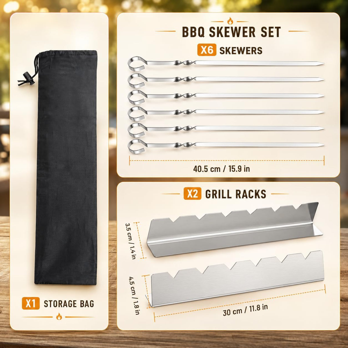 SchaschlikspieĂe Set, 6 StĂŒck 40,5 cm Edelstahl GrillspieĂe mit 2 Ă 30 cm SpieĂhalter, Flache BBQ SpieĂe fĂŒr Schaschlik, Fleisch und GemĂŒse, Wiederverwendbare GrillspieĂe, Grillzubehör