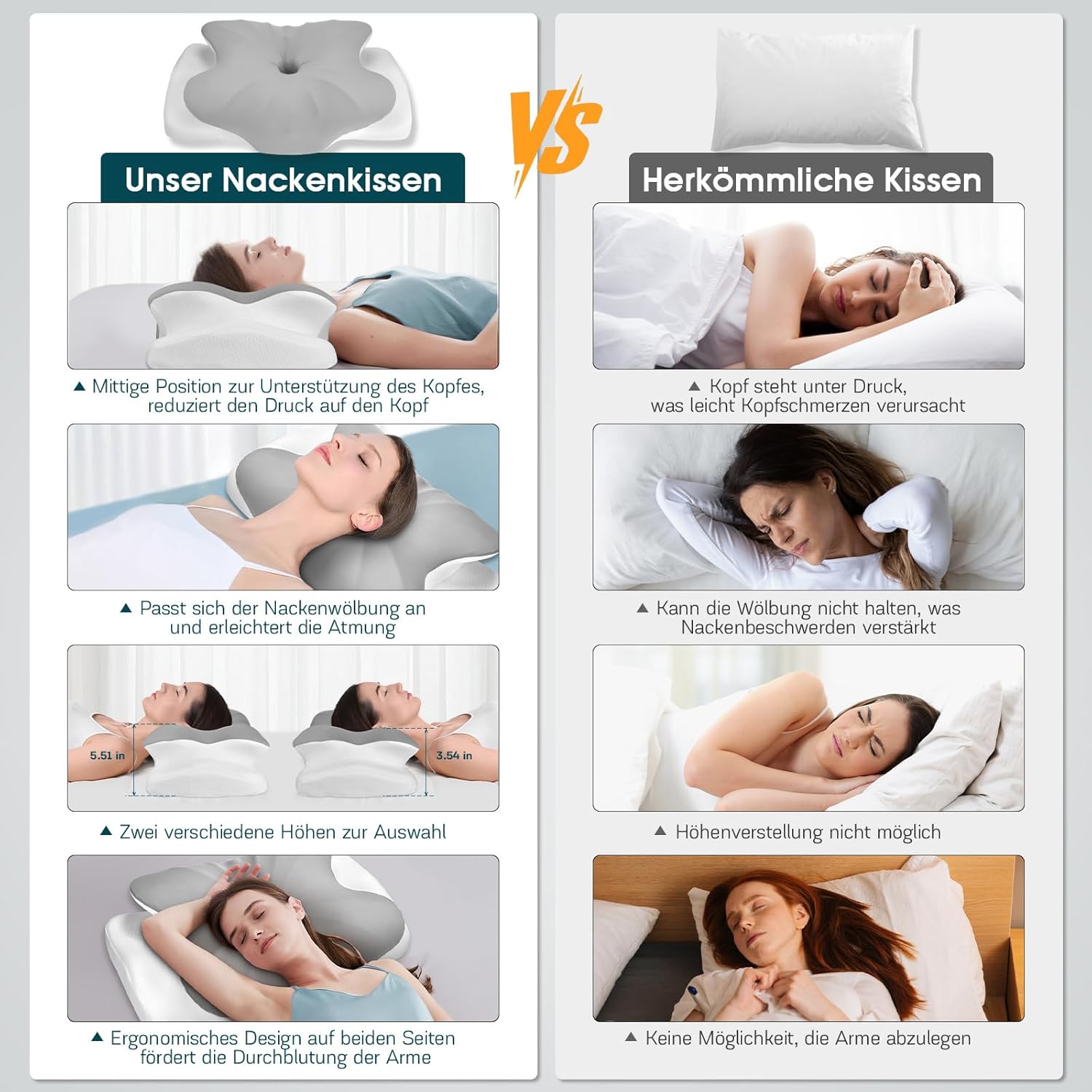 Nackenkissen Kopfkissen, Anti Schnarch Kissen, Memory Foam Kissen Ergonomisches, Nackenstützkissen Orthopädisches, Nackenkissen Seitenschläfer für Seiten, Rücken & Bauchschläfer