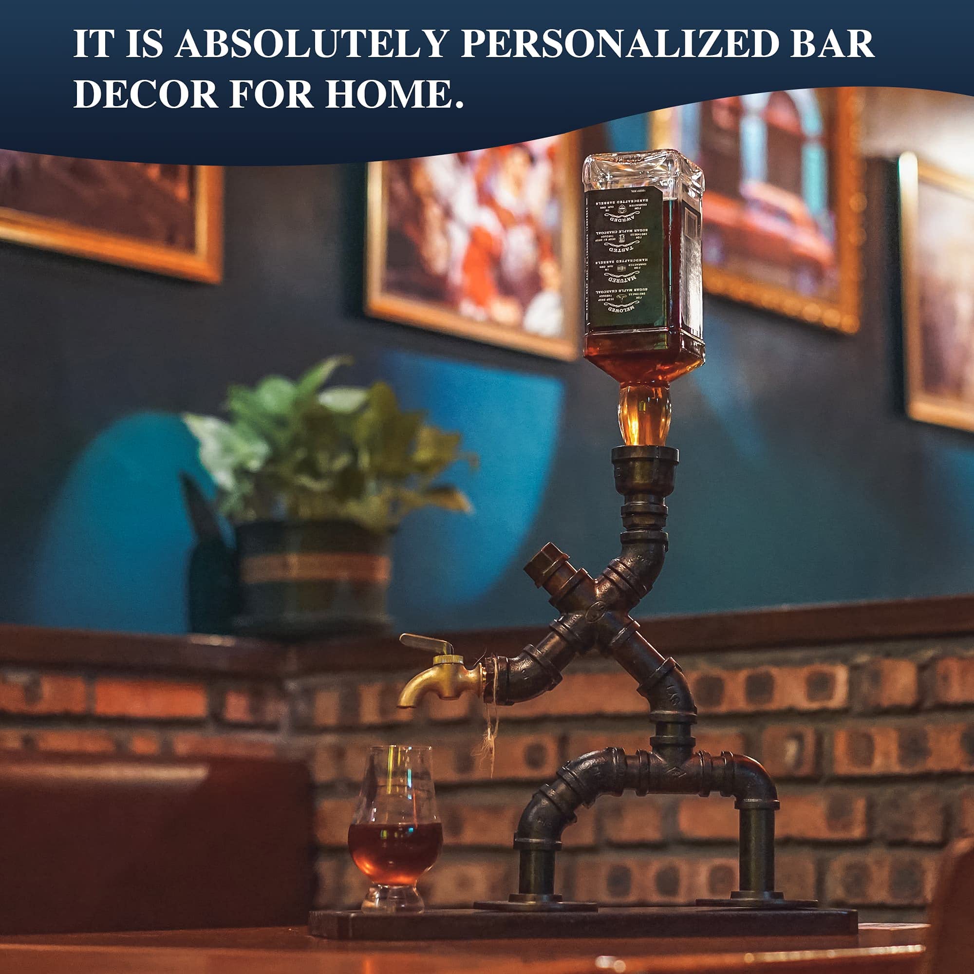 Whiskyspender Silber mit flambiertem Holz – Steampunk Getränkespender aus Metall mit Silikonschlauch – Geschenkidee für Männer & Bar Deko