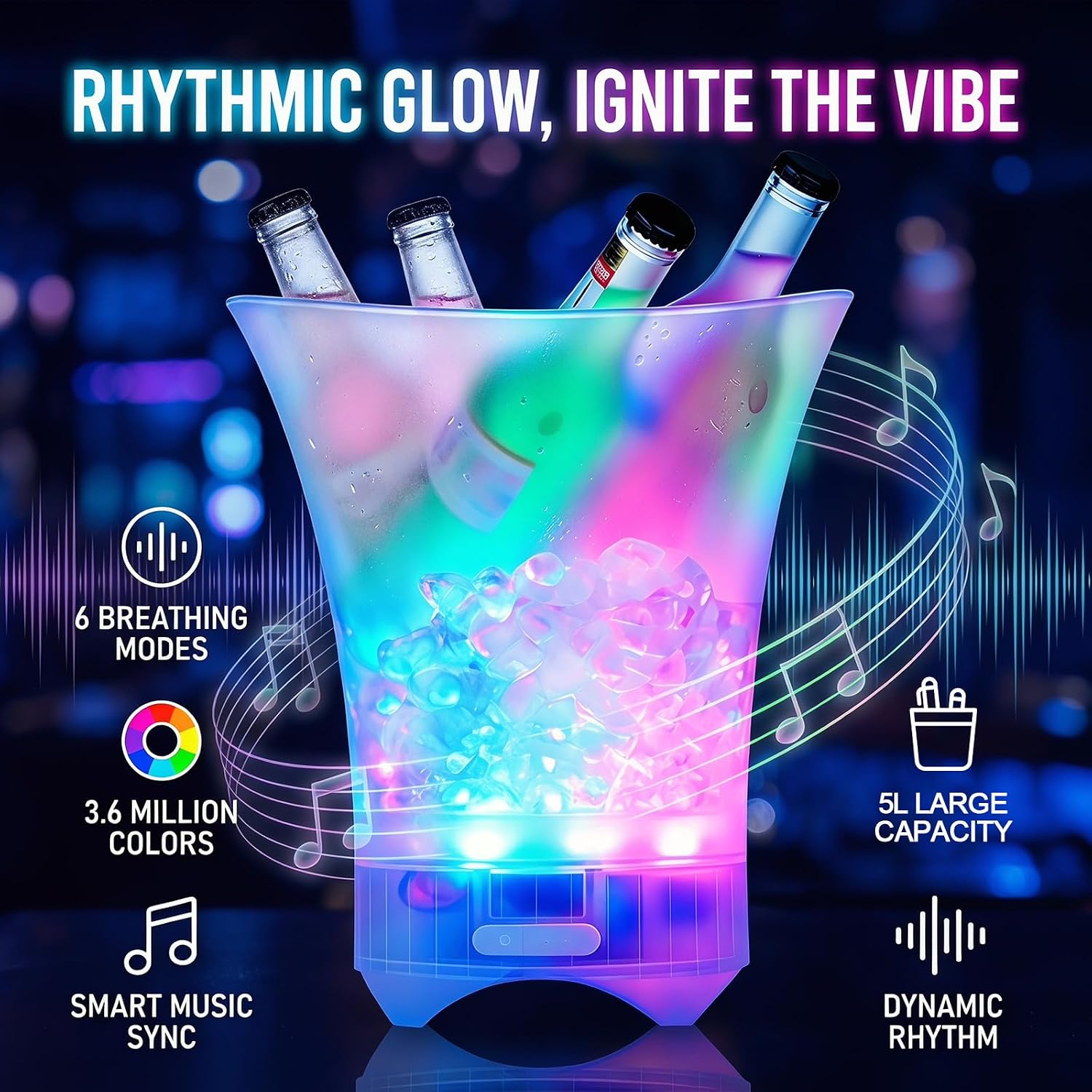 Neu Led Eiskübel mit Musik, 5L Multicolor LED Sektkübel, Sektkühler, Eiskübel mit Mehreren Farbverlauf, Farbe Einstellbar, Bluetooth-Konnektivität für Festival Party Zuhause Bar Club