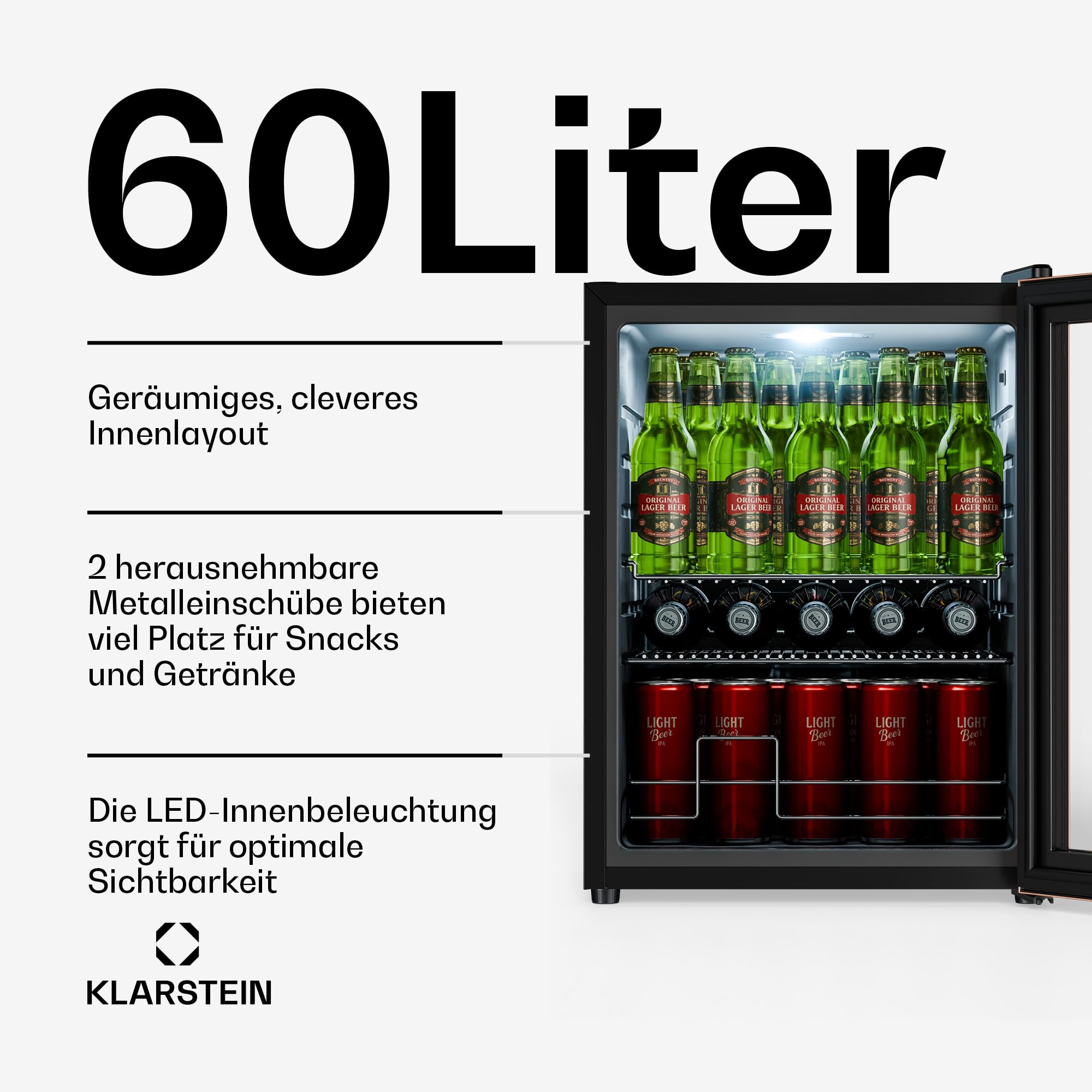 Beersafe Getränkekühlschrank 60 L – Mini Kühlschrank mit Glastür, Kupfer | LED-Beleuchtung, herausnehmbare Metallablagen, leise, Flaschenkühlschrank für Getränke & Dosen
