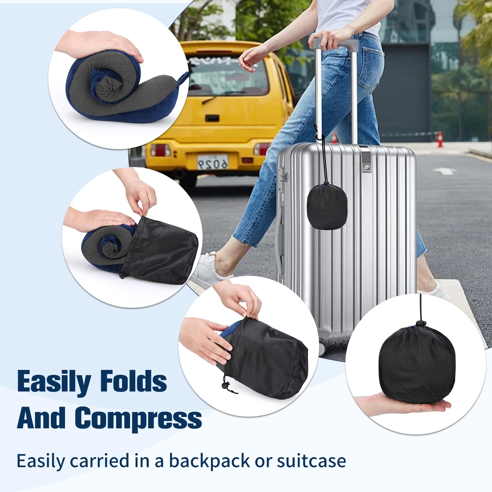 Cirorld Nackenkissen Flugzeug, Nackenhörnchen Erwachsene, Reisekissen Memory Foam, Verstellbares Kompaktes Nackenkissen Reise, Ergonomisches Weich Atmungsaktiv mit Ohrstöpseln, Augenmaske,Tragetasche