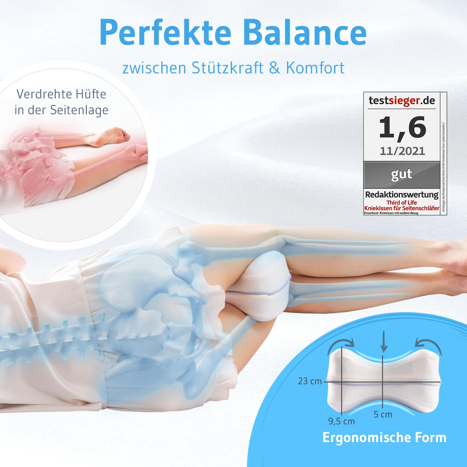 Kniekissen für Seitenschläfer, Orthopädisches Bein-Kissen für eine optimale Schlafhaltung, Ergonomisches Lagerungskissen aus viscoelastischem Memory Schaum, atmungsaktiver & waschbarer Bezug 23,5x9,5