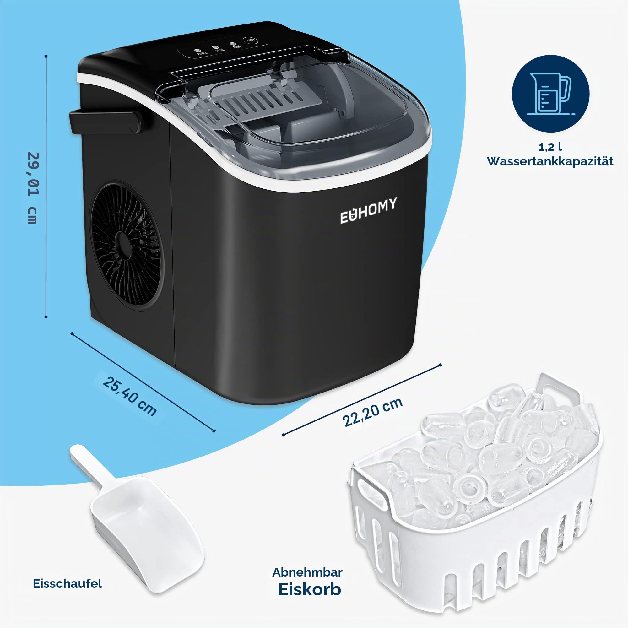 Eiswürfelmaschine Klein, 9 Eiswürfel in 6 Minuten, 12 kg/24H, Eiswürfelmaschine Edelstahl mit Tragbarem Griff, Selbstreinigender Kompakter Eiswürfelmaschinen für Zuhause/Küche/Büro/Bar