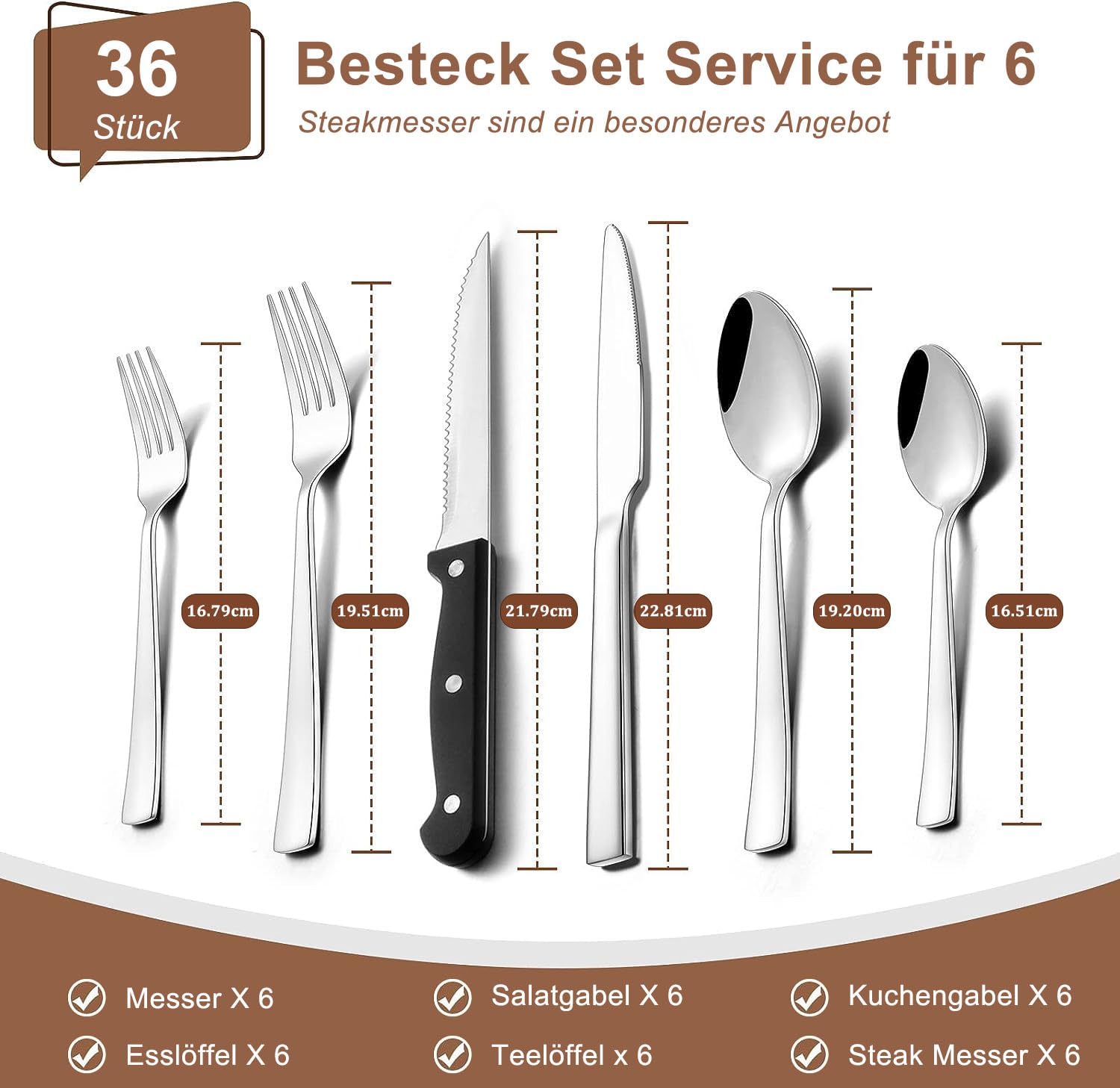 36-teiliges Besteckset aus Edelstahl mit Steakmesser, Besteckset für 6 Personen, elegantes Besteckset mit Messer, Gabel, Löffel, Besteck für Zuhause/Party/Restaurant, Geschirrspüler geeignet