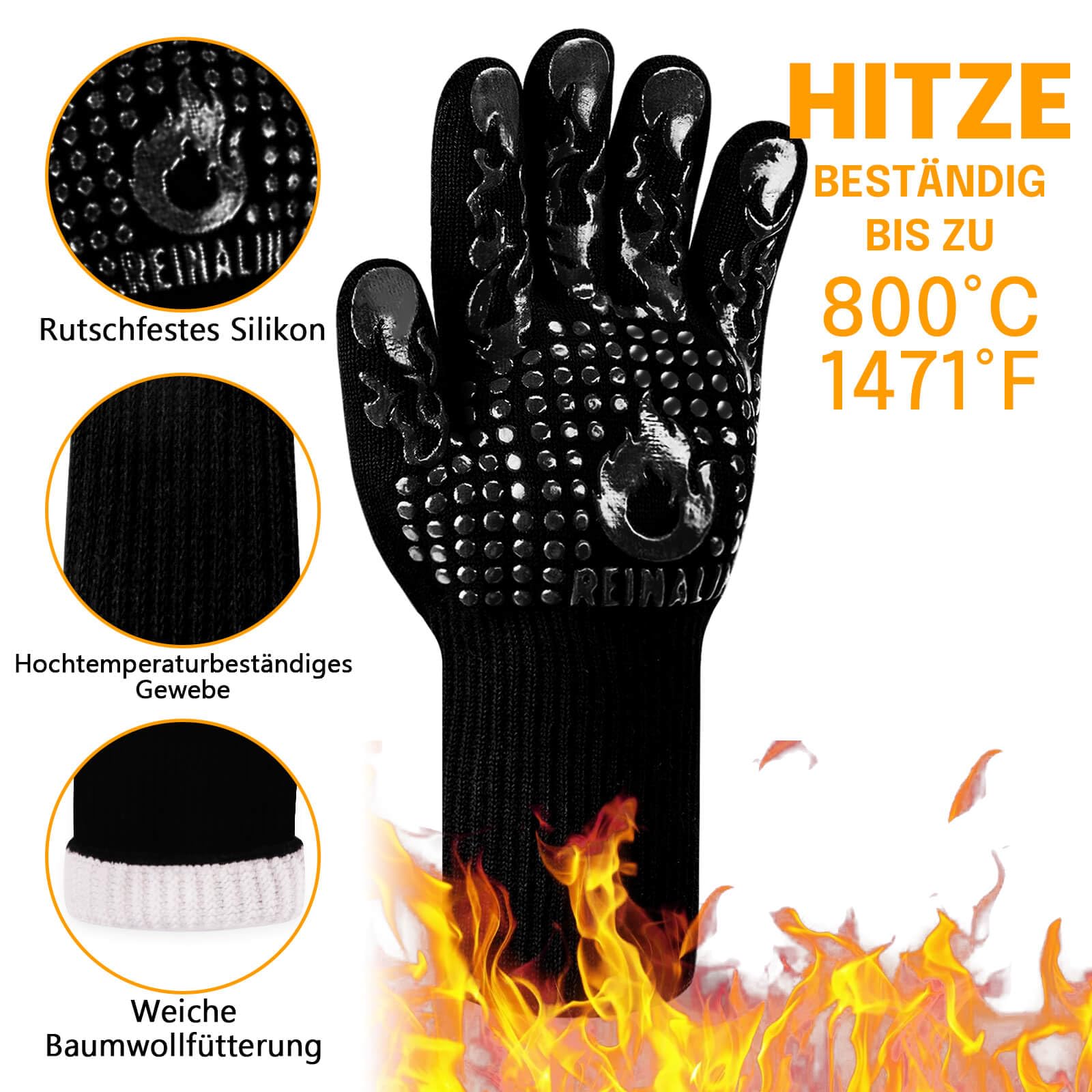 Reinalin Grillhandschuhe Hitzebeständig bis 800°C, Ofenhandschuhe Topfhandschuhe Feuerfeste Handschuhe BBQ Handschuhe Kochhandschuhe Backhandschuhe Backofenhandschuhe (L/XL/XXL, Schwarz)