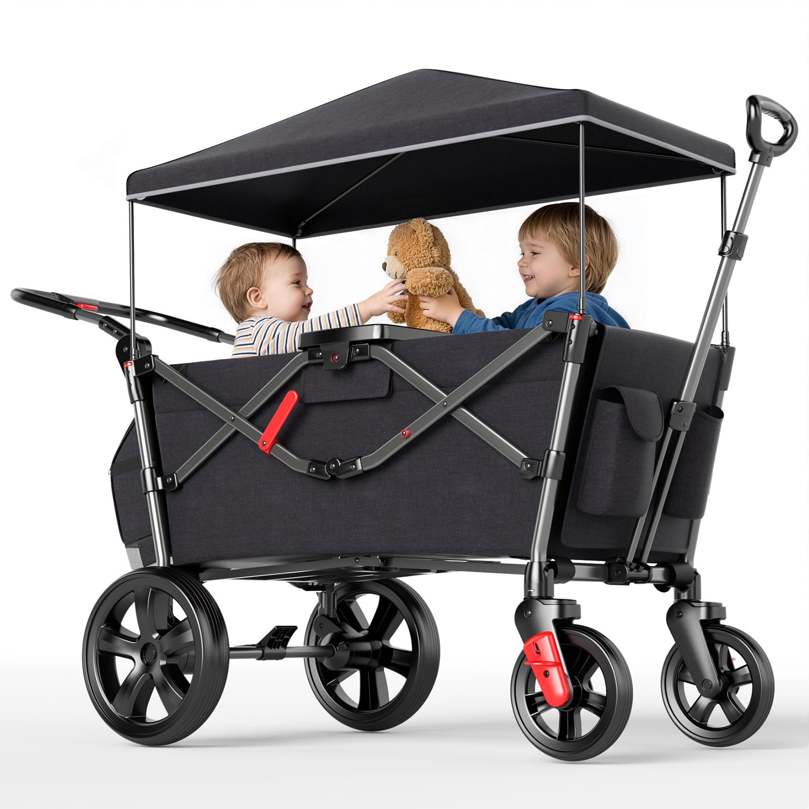 Bollerwagen für 2 Kinder Faltbar mit Dach, Kinderwagen 2x5 Punkt Sicherheitsgurt mit Wickelrucksack, Bollerwagen mit Sitz, Handwagen Transportwagen, Ziehen & Schieben, Fußbremse