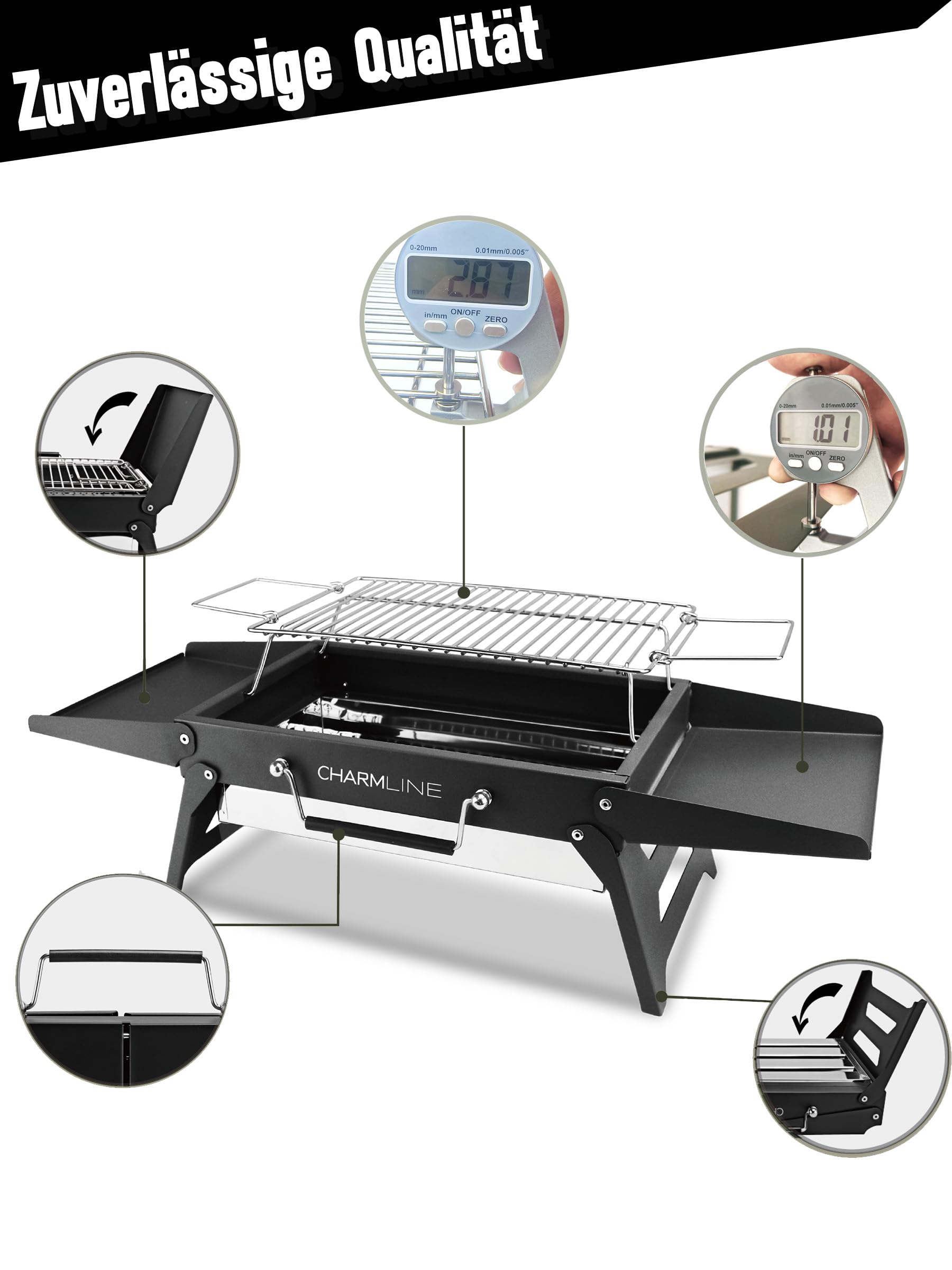 Tragbarer Holzkohlegrill, Klappbarer Campinggrill 35 x 23 cm für 1–3 Personen, Mini BBQ Grill für Balkon, Garten, Camping, Picknick und Strand