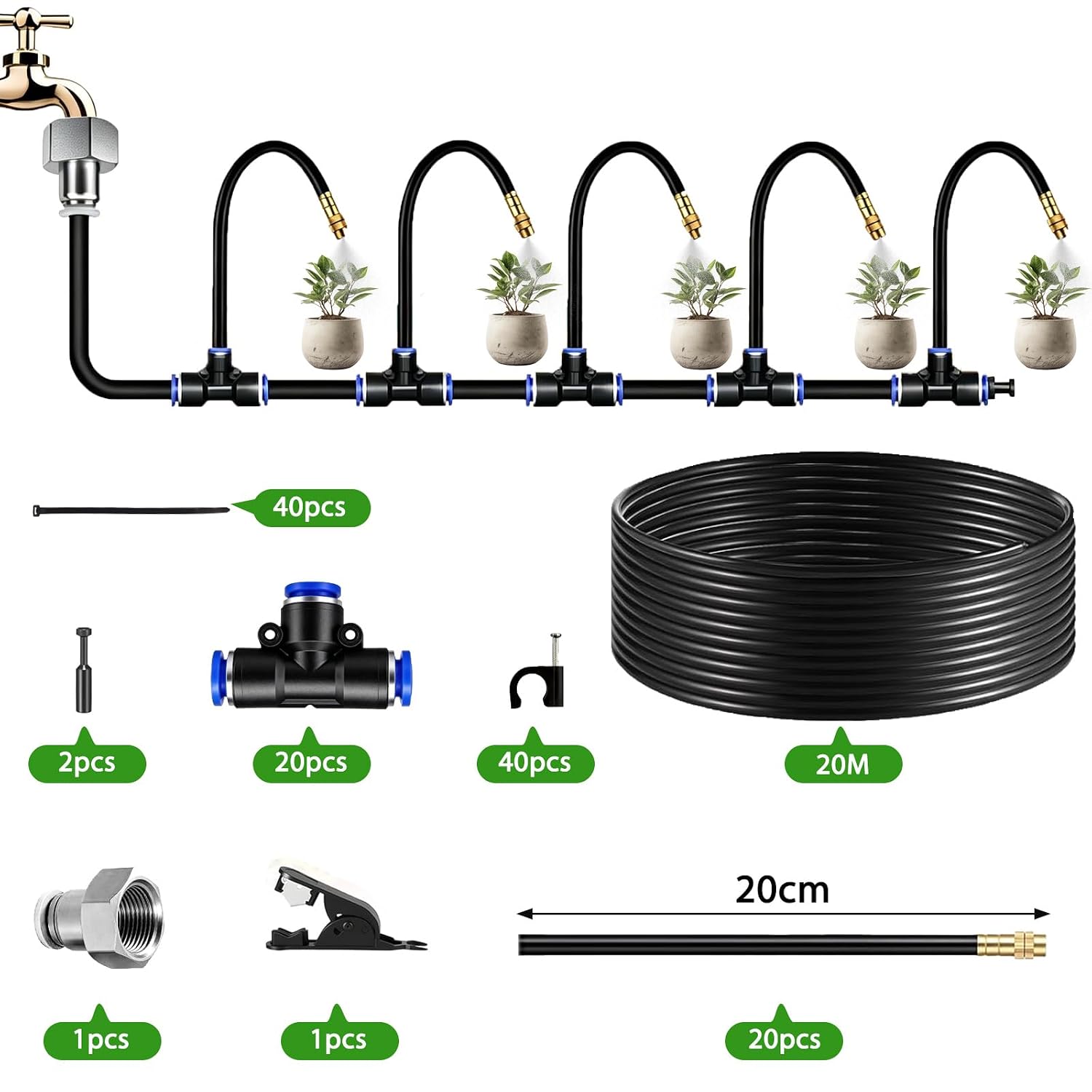 20M Automatische Bewässerungssystem Garten, 360° Verstellbare Garten Bewässerung Kit mit drehbaren 360°-Messingdüsen Nebelbewässerungskit für Gewächshaus, Rasen, Hochbeet, Terrasse